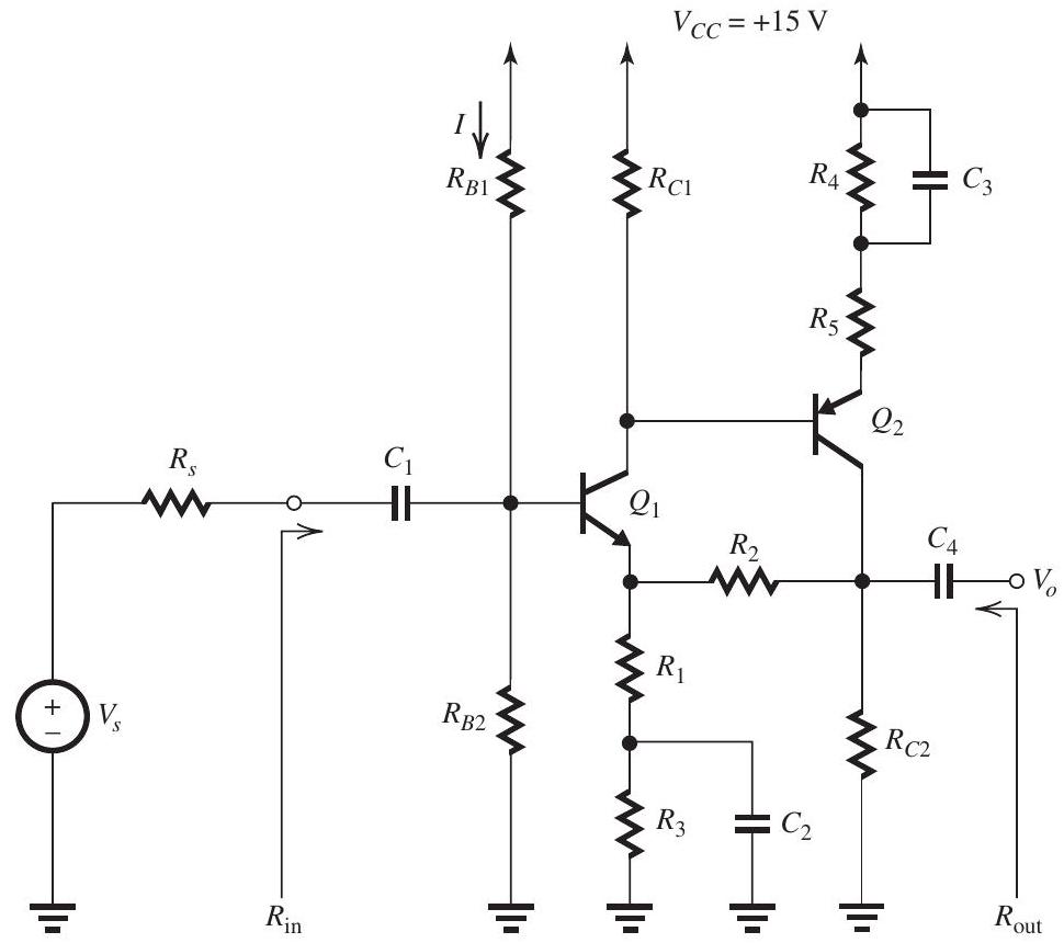 The feedback voltage amplifier in Fig. 11.5.1 Figure 11.5.1 utilizes the series-shunt feedback topology with the feedback network composed of R_{1} and R_{2} . The following component values are given: R_{S}=5 \mathrm{k} \Omega, R_{1}=1 \mathrm{k} \Omega, R_{2}= 11 \mathrm{k} \Omega , and R_{5}=300 \Omega . The BJTs have \beta=100 , \left|V_{B E}\right|=0.7 \mathrm{~V} , and r_{o}=\infty . The capacitors C_{1}, C_{2} , C_{3} , and C_{4} are very large. (a) Find values for R_{B 1}, R_{B 2}, R_{3}, R_{C 1}, R_{4} , and R_{C 2} so as to establish the following de conditions: V_{B 1}=+4 \mathrm{~V}, V_{C 1}=+6 \mathrm{~V}, V_{C 2}=+4 \mathrm{~V}, I_{E 1}= I_{E 2}=1 \mathrm{~mA} , and I=0.1 \mathrm{~mA} . Hint: Do as many of your calculations as possible on Fig. 11.5.1 on the exam paper. (b) Supply the A circuit and find the values of A , R_{i} , and R_{O} . (c) Supply the \beta circuit and find the value of \beta . (d) Find the closed-loop gain A_{f} \equiv V_{o} / V_{s} , the input resistance R_{\mathrm{in}} , and the output resistance R_{\text {out. }}