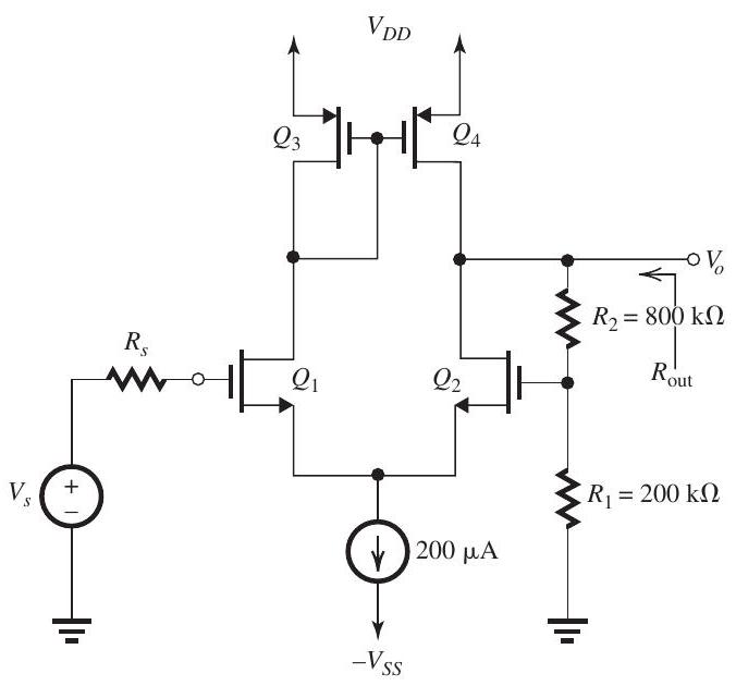 Figure 11.8.1 Figure 11.8.1 shows a MOS current-mirrorloaded differential amplifier with negative feedback applied through a voltage divider \left(R_{1}, R_{2}\right) . Each of the four MOS transistors is operating at an overdrive voltage \left|V_{O V}\right|=0.2 \mathrm{~V} and has an Early voltage \left|V_{A}\right|=20 \mathrm{~V} . (a) Find expressions for \beta and for the ideal value of the closed-loop gain V_{o} / V_{s} . Hence, find the value of \beta and the ideal value of V_{o} / V_{S} . (b) Give the A circuit and expressions for A and R_{O} . Hence, find the values of the open-loop gain A and the open-loop output resistances R_{O} . (c) Find the value of the closed-loop gain A_{f} \equiv V_{o} / V_{S} . Compare to the ideal value found in (a). (d) Find the value of the output resistance R_{\text {out }} .