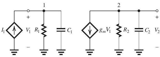 Figure 11.9.1 An op amp has a dc gain of 100 \mathrm{~dB} and three real-axis poles with frequencies f_{P 1}=10^{4} \mathrm{~Hz} , f_{P 2}=10^{5} \mathrm{~Hz} , and f_{P 3}=10^{6} \mathrm{~Hz} . The op-amp internal circuit includes an amplifier stage having the equivalent circuit shown in Fig. 11.9.1, where C_{1}=100 \mathrm{pF}, g_{m}=20 \mathrm{~mA} / \mathrm{V} , and C_{2}=10 \mathrm{pF} . Furthermore, it is found that the input circuit of this stage is responsible for the pole at f_{P 1} and that the output circuit is responsible for the pole at f_{P 2} . It is required to frequency-compensate this op amp so that it becomes stable in closed-loop configurations with a closed-loop gain as low as unity. (a) Sketch and clearly label a Bode plot for the op amp gain. Use a frequency axis that extends from 0.1 \mathrm{~Hz} to 10^{7} \mathrm{~Hz} . (b) If the frequency compensation is achieved by connecting a capacitor C_{C} in parallel with C_{1} , find the required value of C_{C} and sketch the modified gain response on your Bode plot. (c) If the frequency compensation is achieved by placing a capacitor C_{f} in the feedback path of the amplifier stage in Fig. 11.9.1 -that is, between nodes 1 and 2 (Miller compensation)-find the required value of C_{f} . Also, find the new frequencies of the poles and sketch the modified gain on your Bode plot.