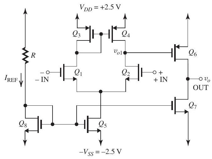 Figure 13.1.1 For the two-stage CMOS op amp shown in Fig. 13.1.1, all transistors have the same channel length L=0.8 \mu \mathrm{m}, V_{t n}=-V_{t p}=0.6 \mathrm{~V}, \mu_{n} C_{o x}= 2 \mu_{p} C_{o x}=200 \mu \mathrm{A} / \mathrm{V}^{2} , and \left|V_{A}\right|=20 \mathrm{~V} . Transistors Q_{5}, Q_{7} , and Q_{8} are matched; Q_{1} and Q_{2} are matched; and Q_{3} and Q_{4} are matched. Parts (a) to (d) below deal with de bias calculations, and in these, assume the two input terminals are grounded and neglect the Early effect. (a) Find the values of R, W_{8}, W_{5} , and W_{7} so that a dc voltage of -1.5 \mathrm{~V} appears at the gate of Q_{5} and dc current of 50 \mu \mathrm{A} flows in the drains of Q_{1} and Q_{2} . (b) Find W_{1} and W_{2} that will result in each of Q_{1} and Q_{2} operating with an overdrive voltage of 0.2 \mathrm{~V} . (c) Find W_{3} and W_{4} that will result in a dc voltage of +1.5 \mathrm{~V} at the gates of Q_{3} and Q_{4} . (d) What de voltage appears at the gate of Q_{6} ? Find W_{6} that will result in zero de current flowing through the output terminal of the amplifier. (e) Find the input common-mode range. (f) Find the allowable range of the output signal swing. (g) Find the values of g_{m 1}, g_{m 2}, r_{o 2} , and r_{o 4} . (h) Find the value of the differential gain of the first stage, A_{1}=v_{o 1} / v_{i d} . (i) Recalling that the common-mode gain of the current-mirror-loaded differential amplifier is given by \left(-1 / 2 g_{m 3} R_{S S}\right) , where R_{S S} is the output resistance of Q_{5} , find g_{m 3}, R_{S S} , the commonmode gain, and the CMRR in \mathrm{dB} . (j) Find g_{m 6}, r_{o 6} , and r_{o 7} . (k) Find the voltage gain of the second stage, A_{2}= v_{0} / v_{01} . (1) Find the overall differential voltage gain v_{O} / v_{i d} and the output resistance R_{O} . (m) If the feedback loop around the amplifier is closed by connecting the output terminal to the inverting input terminal, find the closedloop gain A_{f} (between the non-inverting input terminal and the output) specified to four significant digits and determine the closed-loop output resistance R_{o f} . (n) If, alternatively, the feedback loop around the op amp is closed by connecting the feedback network shown in Fig. 13.1.2, find the new values of A and R_{O} and the values of \beta , the closed-loop gain A_{f} , and the output resistance R_{o f} . Figure 13.1.2