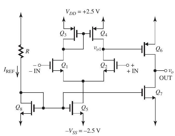     Figure 13.1.1 (a) With  V_{G 8}=V_{G 7}=V_{G 5}=-1.5 \mathrm{~V} ,  V_{G S 5}=V_{G S 7}=V_{G S 8}=1 \mathrm{~V}  Thus, each of  Q_{5}, Q_{7} , and  Q_{8}  is operating at  V_{O V}=1-0.6=0.4 \mathrm{~V}  To obtain  I_{D 1}=I_{D 2}=50 \mu \mathrm{A} , we must establish  I_{D 5}=100 \mu \mathrm{A}  Thus,  I_{\mathrm{REF}}=I_{D 8}=I_{D 5}=100 \mu \mathrm{A}  But  \begin{aligned} I_{\mathrm{REF}} & =\frac{V_{D D}-V_{G 8}}{R} \\ 0.1 & =\frac{2.5-(-1.5)}{R} \\ \Rightarrow R & =40 \mathrm{k} \Omega \end{aligned}  For each of  Q_{5}, Q_{7} , and  Q_{8} ,  \begin{aligned} I_{D} & =\frac{1}{2}\left(\mu_{n} C_{O x}\right)\left(\frac{W}{L}\right) V_{O V}^{2} \\ 100 & =\frac{1}{2} \times 200 \times\left(\frac{W}{L}\right) \times 0.4^{2} \\ \Rightarrow \frac{W}{L} & =6.25 \end{aligned}  Thus,  W_{5}=W_{7}=W_{8}=6.25 \times 0.8=5 \mu \mathrm{m} . (b) For each of  Q_{1}  and  Q_{2} ,  \begin{aligned} I_{D} & =\frac{1}{2}\left(\mu_{n} C_{O x}\right)\left(\frac{W_{1,2}}{L}\right) V_{O V 1,2}^{2} \\ 50 & =\frac{1}{2} \times 200 \times \frac{W_{1,2}}{L} \times 0.2^{2} \\ \Rightarrow \frac{W_{1,2}}{L} & =12.5 \\ \Rightarrow W_{1} & =W_{2}=12.5 \times 0.8=10 \mu \mathrm{m} \end{aligned}  (c)  \begin{aligned} V_{G 3}=V_{G 4} & =+1.5 \mathrm{~V} \\ \Rightarrow V_{S G 3}=V_{S G 4} & =1 \mathrm{~V} \\ \Rightarrow\left|V_{O V 3,4}\right| & =0.4 \mathrm{~V} \end{aligned}  For  Q_{3}  and  Q_{4} ,  \begin{aligned} I_{D} & =\frac{1}{2}\left(\mu_{p} C_{O x}\right)\left(\frac{W_{3,4}}{L}\right)\left|V_{O V 3,4}\right|^{2} \\ 50 & =\frac{1}{2} \times 100 \times \frac{W_{3,4}}{L} \times 0.4^{2} \\ \Rightarrow \frac{W_{3,4}}{L} & =6.25 \mu \mathrm{m} \\ \Rightarrow W_{3} & =W_{4}=6.25 \times 0.8=5 \mu \mathrm{m} \end{aligned}  (d) For matched conditions,  \begin{aligned} V_{D 4} & =V_{G 4}=+1.5 \mathrm{~V} \\ \Rightarrow V_{G 6} & =+1.5 \mathrm{~V} \\ V_{S G 6} & =1 \mathrm{~V} \end{aligned}  Thus,  Q_{6}  will be operating at  \left|V_{O V}\right|=0.4 \mathrm{~V} . For zero dc output current,  I_{D 6}=I_{D 7}=100 \mu \mathrm{A}  Thus,  \begin{aligned} 100 & =\frac{1}{2}\left(\mu_{p} C_{o x}\right)\left(\frac{W_{6}}{L}\right)\left|V_{O V 6}\right|^{2} \\ 100 & =\frac{1}{2} \times 100 \times \frac{W_{6}}{L} \times 0.4^{2} \\ \Rightarrow \frac{W_{6}}{L} & =12.5 \\ \Rightarrow W_{6} & =12.5 \times 0.8=10 \mu \mathrm{m} \end{aligned}  (e)  \begin{aligned} V_{I C M \max } & =V_{D 1}+V_{t n}=+1.5+0.6=+2.1 \mathrm{~V} \\ V_{I C M \min } & =-V_{S S}+V_{O V 5}+V_{G S 1} \\ & =-2.5+0.4+(0.6+0.2)=-1.3 \mathrm{~V} \end{aligned}  Thus,  -1.3 \mathrm{~V} \leq V_{I C M} \leq+2.1 \mathrm{~V}  (f)  \begin{aligned} v_{O \max } & =V_{D D}-\left|V_{O V 6}\right| \\ & =+2.5-0.4=+2.1 \mathrm{~V} \\ v_{O \min } & =-V_{S S}+V_{O V 7} \\ & =-2.5+0.4=-2.1 \mathrm{~V} \end{aligned}  Thus,  -2.1 \mathrm{~V} \leq v_{O} \leq+2.1 \mathrm{~V}  (g)  \begin{aligned} g_{m 1} & =g_{m 2}=\frac{2 I_{D 1,2}}{V_{O V 1,2}} \\ & =\frac{2 \times 0.05}{0.2}=0.5 \mathrm{~mA} / \mathrm{V} \\ r_{o 2} & =\frac{V_{A}}{I_{D 2}}=\frac{20 \mathrm{~V}}{50 \mu \mathrm{A}}=400 \mathrm{k} \Omega \\ r_{o 4} & =\frac{\left|V_{A}\right|}{I_{D 4}}=\frac{20 \mathrm{~V}}{50 \mu \mathrm{A}}=400 \mathrm{k} \Omega \end{aligned}  (h)  \begin{aligned} A_{1} & \equiv \frac{v_{o 1}}{v_{i d}}=g_{m 1,2}\left(r_{o 2} \| r_{o 4}\right) \\ & =0.5 \times(400 \| 400)=100 \mathrm{~V} / \mathrm{V} \end{aligned}  (i)  \begin{aligned} g_{m 3} & =\frac{2 I_{D 3}}{\left|V_{O V 3}\right|}=\frac{2 \times 0.05}{0.4}=0.25 \mathrm{~mA} / \mathrm{V} \\ R_{S S} & =\frac{V_{A}}{I_{D 5}}=\frac{20}{0.1}=200 \mathrm{k} \Omega \\ A_{c m} & =-\frac{1}{2 g_{m 3} R_{S S}} \\ & =-\frac{1}{2 \times 0.25 \times 200}=-0.01 \mathrm{~V} / \mathrm{V} \\ \mathrm{CMRR} & =\frac{\left|A_{d 1}\right|}{\left|A_{c m}\right|}=\frac{100}{0.01}=10^{4} \end{aligned}  or  80 \mathrm{~dB} . (j)  \begin{gathered} g_{m 6}=\frac{2 I_{D 6}}{\left|V_{O V 6}\right|}=\frac{2 \times 0.1}{0.4}=0.5 \mathrm{~mA} / \mathrm{V} \\ r_{o 6}=r_{o 7}=\frac{\left|V_{A}\right|}{I_{D 6,7}}=\frac{20}{0.1}=200 \mathrm{k} \Omega \end{gathered}  (k)  \begin{aligned} A_{2} & =\frac{v_{o}}{v_{o 1}}=-g_{m 6}\left(r_{o 6} \| r_{o 7}\right) \\ & =-0.5(200 \| 200)=-50 \mathrm{~V} / \mathrm{V} \end{aligned}  (1)  \begin{aligned} & \frac{v_{o}}{v_{i d}}=A_{1} A_{2}=100 \times-50=-5000 \mathrm{~V} / \mathrm{V} \\ & R_{o}=r_{o 6}\left\|r_{o 7}=200\right\| 200=100 \mathrm{k} \Omega \end{aligned}  (m)     A_{f}=\frac{A}{1+A \beta}  where  A=5000  and  \beta=1 . Thus,  \begin{aligned} A_{f} & =\frac{5000}{5001}=0.9998 \mathrm{~V} / \mathrm{V} \\ R_{o f} & =\frac{R_{o}}{1+A \beta} \\ & =\frac{100 \mathrm{k} \Omega}{5001}=20 \Omega \end{aligned}  (n)    Figure 13.1.4   Figure 13.1.5    Figure 13.1.6 The feedback amplifier is shown in Fig. 13.1.4, the  \beta  network in Fig. 13.1.5, and the  A  circuit in Fig. 13.1.6. The gain  A  becomes  A=A_{1} A_{2}^{\prime}  where  A_{1}=100 \mathrm{~V} / \mathrm{V}  and  \begin{aligned} A_{2}^{\prime} & =g_{m 6}\left[r_{o 6}\left\|r_{o 7}\right\|(90+10)\right] \\ & =0.5[200\|200\| 100] \\ A_{2}^{\prime} & =25 \mathrm{~V} / \mathrm{V} \end{aligned}  Thus,  \begin{aligned} A & =100 \times 25=2500 \mathrm{~V} / \mathrm{V} \\ \beta & =\frac{10}{90+10}=0.1 \\ A_{f} & \equiv \frac{V_{o}}{V_{S}}=\frac{A}{1+A \beta} \\ & =\frac{2500}{1+2500 \times 0.1}=\frac{2500}{251} \\ & =9.96 \mathrm{~V} / \mathrm{V} \\ R_{O} & =r_{o 6}\left\|r_{o}\right\|(90+10) \\ & =200\|200\| 100=50 \mathrm{k} \Omega \\ R_{o f} & =\frac{R_{O}}{1+A \beta}=\frac{50 \mathrm{k} \Omega}{251} \simeq 200 \Omega \end{aligned}