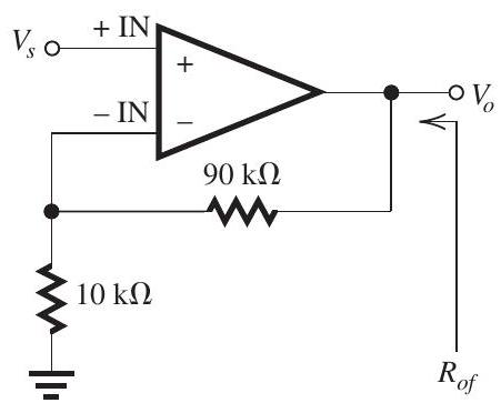     Figure 13.1.1 (a) With  V_{G 8}=V_{G 7}=V_{G 5}=-1.5 \mathrm{~V} ,  V_{G S 5}=V_{G S 7}=V_{G S 8}=1 \mathrm{~V}  Thus, each of  Q_{5}, Q_{7} , and  Q_{8}  is operating at  V_{O V}=1-0.6=0.4 \mathrm{~V}  To obtain  I_{D 1}=I_{D 2}=50 \mu \mathrm{A} , we must establish  I_{D 5}=100 \mu \mathrm{A}  Thus,  I_{\mathrm{REF}}=I_{D 8}=I_{D 5}=100 \mu \mathrm{A}  But  \begin{aligned} I_{\mathrm{REF}} & =\frac{V_{D D}-V_{G 8}}{R} \\ 0.1 & =\frac{2.5-(-1.5)}{R} \\ \Rightarrow R & =40 \mathrm{k} \Omega \end{aligned}  For each of  Q_{5}, Q_{7} , and  Q_{8} ,  \begin{aligned} I_{D} & =\frac{1}{2}\left(\mu_{n} C_{O x}\right)\left(\frac{W}{L}\right) V_{O V}^{2} \\ 100 & =\frac{1}{2} \times 200 \times\left(\frac{W}{L}\right) \times 0.4^{2} \\ \Rightarrow \frac{W}{L} & =6.25 \end{aligned}  Thus,  W_{5}=W_{7}=W_{8}=6.25 \times 0.8=5 \mu \mathrm{m} . (b) For each of  Q_{1}  and  Q_{2} ,  \begin{aligned} I_{D} & =\frac{1}{2}\left(\mu_{n} C_{O x}\right)\left(\frac{W_{1,2}}{L}\right) V_{O V 1,2}^{2} \\ 50 & =\frac{1}{2} \times 200 \times \frac{W_{1,2}}{L} \times 0.2^{2} \\ \Rightarrow \frac{W_{1,2}}{L} & =12.5 \\ \Rightarrow W_{1} & =W_{2}=12.5 \times 0.8=10 \mu \mathrm{m} \end{aligned}  (c)  \begin{aligned} V_{G 3}=V_{G 4} & =+1.5 \mathrm{~V} \\ \Rightarrow V_{S G 3}=V_{S G 4} & =1 \mathrm{~V} \\ \Rightarrow\left|V_{O V 3,4}\right| & =0.4 \mathrm{~V} \end{aligned}  For  Q_{3}  and  Q_{4} ,  \begin{aligned} I_{D} & =\frac{1}{2}\left(\mu_{p} C_{O x}\right)\left(\frac{W_{3,4}}{L}\right)\left|V_{O V 3,4}\right|^{2} \\ 50 & =\frac{1}{2} \times 100 \times \frac{W_{3,4}}{L} \times 0.4^{2} \\ \Rightarrow \frac{W_{3,4}}{L} & =6.25 \mu \mathrm{m} \\ \Rightarrow W_{3} & =W_{4}=6.25 \times 0.8=5 \mu \mathrm{m} \end{aligned}  (d) For matched conditions,  \begin{aligned} V_{D 4} & =V_{G 4}=+1.5 \mathrm{~V} \\ \Rightarrow V_{G 6} & =+1.5 \mathrm{~V} \\ V_{S G 6} & =1 \mathrm{~V} \end{aligned}  Thus,  Q_{6}  will be operating at  \left|V_{O V}\right|=0.4 \mathrm{~V} . For zero dc output current,  I_{D 6}=I_{D 7}=100 \mu \mathrm{A}  Thus,  \begin{aligned} 100 & =\frac{1}{2}\left(\mu_{p} C_{o x}\right)\left(\frac{W_{6}}{L}\right)\left|V_{O V 6}\right|^{2} \\ 100 & =\frac{1}{2} \times 100 \times \frac{W_{6}}{L} \times 0.4^{2} \\ \Rightarrow \frac{W_{6}}{L} & =12.5 \\ \Rightarrow W_{6} & =12.5 \times 0.8=10 \mu \mathrm{m} \end{aligned}  (e)  \begin{aligned} V_{I C M \max } & =V_{D 1}+V_{t n}=+1.5+0.6=+2.1 \mathrm{~V} \\ V_{I C M \min } & =-V_{S S}+V_{O V 5}+V_{G S 1} \\ & =-2.5+0.4+(0.6+0.2)=-1.3 \mathrm{~V} \end{aligned}  Thus,  -1.3 \mathrm{~V} \leq V_{I C M} \leq+2.1 \mathrm{~V}  (f)  \begin{aligned} v_{O \max } & =V_{D D}-\left|V_{O V 6}\right| \\ & =+2.5-0.4=+2.1 \mathrm{~V} \\ v_{O \min } & =-V_{S S}+V_{O V 7} \\ & =-2.5+0.4=-2.1 \mathrm{~V} \end{aligned}  Thus,  -2.1 \mathrm{~V} \leq v_{O} \leq+2.1 \mathrm{~V}  (g)  \begin{aligned} g_{m 1} & =g_{m 2}=\frac{2 I_{D 1,2}}{V_{O V 1,2}} \\ & =\frac{2 \times 0.05}{0.2}=0.5 \mathrm{~mA} / \mathrm{V} \\ r_{o 2} & =\frac{V_{A}}{I_{D 2}}=\frac{20 \mathrm{~V}}{50 \mu \mathrm{A}}=400 \mathrm{k} \Omega \\ r_{o 4} & =\frac{\left|V_{A}\right|}{I_{D 4}}=\frac{20 \mathrm{~V}}{50 \mu \mathrm{A}}=400 \mathrm{k} \Omega \end{aligned}  (h)  \begin{aligned} A_{1} & \equiv \frac{v_{o 1}}{v_{i d}}=g_{m 1,2}\left(r_{o 2} \| r_{o 4}\right) \\ & =0.5 \times(400 \| 400)=100 \mathrm{~V} / \mathrm{V} \end{aligned}  (i)  \begin{aligned} g_{m 3} & =\frac{2 I_{D 3}}{\left|V_{O V 3}\right|}=\frac{2 \times 0.05}{0.4}=0.25 \mathrm{~mA} / \mathrm{V} \\ R_{S S} & =\frac{V_{A}}{I_{D 5}}=\frac{20}{0.1}=200 \mathrm{k} \Omega \\ A_{c m} & =-\frac{1}{2 g_{m 3} R_{S S}} \\ & =-\frac{1}{2 \times 0.25 \times 200}=-0.01 \mathrm{~V} / \mathrm{V} \\ \mathrm{CMRR} & =\frac{\left|A_{d 1}\right|}{\left|A_{c m}\right|}=\frac{100}{0.01}=10^{4} \end{aligned}  or  80 \mathrm{~dB} . (j)  \begin{gathered} g_{m 6}=\frac{2 I_{D 6}}{\left|V_{O V 6}\right|}=\frac{2 \times 0.1}{0.4}=0.5 \mathrm{~mA} / \mathrm{V} \\ r_{o 6}=r_{o 7}=\frac{\left|V_{A}\right|}{I_{D 6,7}}=\frac{20}{0.1}=200 \mathrm{k} \Omega \end{gathered}  (k)  \begin{aligned} A_{2} & =\frac{v_{o}}{v_{o 1}}=-g_{m 6}\left(r_{o 6} \| r_{o 7}\right) \\ & =-0.5(200 \| 200)=-50 \mathrm{~V} / \mathrm{V} \end{aligned}  (1)  \begin{aligned} & \frac{v_{o}}{v_{i d}}=A_{1} A_{2}=100 \times-50=-5000 \mathrm{~V} / \mathrm{V} \\ & R_{o}=r_{o 6}\left\|r_{o 7}=200\right\| 200=100 \mathrm{k} \Omega \end{aligned}  (m)     A_{f}=\frac{A}{1+A \beta}  where  A=5000  and  \beta=1 . Thus,  \begin{aligned} A_{f} & =\frac{5000}{5001}=0.9998 \mathrm{~V} / \mathrm{V} \\ R_{o f} & =\frac{R_{o}}{1+A \beta} \\ & =\frac{100 \mathrm{k} \Omega}{5001}=20 \Omega \end{aligned}  (n)    Figure 13.1.4   Figure 13.1.5    Figure 13.1.6 The feedback amplifier is shown in Fig. 13.1.4, the  \beta  network in Fig. 13.1.5, and the  A  circuit in Fig. 13.1.6. The gain  A  becomes  A=A_{1} A_{2}^{\prime}  where  A_{1}=100 \mathrm{~V} / \mathrm{V}  and  \begin{aligned} A_{2}^{\prime} & =g_{m 6}\left[r_{o 6}\left\|r_{o 7}\right\|(90+10)\right] \\ & =0.5[200\|200\| 100] \\ A_{2}^{\prime} & =25 \mathrm{~V} / \mathrm{V} \end{aligned}  Thus,  \begin{aligned} A & =100 \times 25=2500 \mathrm{~V} / \mathrm{V} \\ \beta & =\frac{10}{90+10}=0.1 \\ A_{f} & \equiv \frac{V_{o}}{V_{S}}=\frac{A}{1+A \beta} \\ & =\frac{2500}{1+2500 \times 0.1}=\frac{2500}{251} \\ & =9.96 \mathrm{~V} / \mathrm{V} \\ R_{O} & =r_{o 6}\left\|r_{o}\right\|(90+10) \\ & =200\|200\| 100=50 \mathrm{k} \Omega \\ R_{o f} & =\frac{R_{O}}{1+A \beta}=\frac{50 \mathrm{k} \Omega}{251} \simeq 200 \Omega \end{aligned}