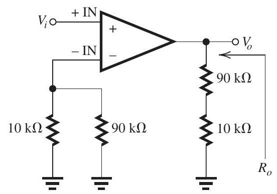     Figure 13.1.1 (a) With  V_{G 8}=V_{G 7}=V_{G 5}=-1.5 \mathrm{~V} ,  V_{G S 5}=V_{G S 7}=V_{G S 8}=1 \mathrm{~V}  Thus, each of  Q_{5}, Q_{7} , and  Q_{8}  is operating at  V_{O V}=1-0.6=0.4 \mathrm{~V}  To obtain  I_{D 1}=I_{D 2}=50 \mu \mathrm{A} , we must establish  I_{D 5}=100 \mu \mathrm{A}  Thus,  I_{\mathrm{REF}}=I_{D 8}=I_{D 5}=100 \mu \mathrm{A}  But  \begin{aligned} I_{\mathrm{REF}} & =\frac{V_{D D}-V_{G 8}}{R} \\ 0.1 & =\frac{2.5-(-1.5)}{R} \\ \Rightarrow R & =40 \mathrm{k} \Omega \end{aligned}  For each of  Q_{5}, Q_{7} , and  Q_{8} ,  \begin{aligned} I_{D} & =\frac{1}{2}\left(\mu_{n} C_{O x}\right)\left(\frac{W}{L}\right) V_{O V}^{2} \\ 100 & =\frac{1}{2} \times 200 \times\left(\frac{W}{L}\right) \times 0.4^{2} \\ \Rightarrow \frac{W}{L} & =6.25 \end{aligned}  Thus,  W_{5}=W_{7}=W_{8}=6.25 \times 0.8=5 \mu \mathrm{m} . (b) For each of  Q_{1}  and  Q_{2} ,  \begin{aligned} I_{D} & =\frac{1}{2}\left(\mu_{n} C_{O x}\right)\left(\frac{W_{1,2}}{L}\right) V_{O V 1,2}^{2} \\ 50 & =\frac{1}{2} \times 200 \times \frac{W_{1,2}}{L} \times 0.2^{2} \\ \Rightarrow \frac{W_{1,2}}{L} & =12.5 \\ \Rightarrow W_{1} & =W_{2}=12.5 \times 0.8=10 \mu \mathrm{m} \end{aligned}  (c)  \begin{aligned} V_{G 3}=V_{G 4} & =+1.5 \mathrm{~V} \\ \Rightarrow V_{S G 3}=V_{S G 4} & =1 \mathrm{~V} \\ \Rightarrow\left|V_{O V 3,4}\right| & =0.4 \mathrm{~V} \end{aligned}  For  Q_{3}  and  Q_{4} ,  \begin{aligned} I_{D} & =\frac{1}{2}\left(\mu_{p} C_{O x}\right)\left(\frac{W_{3,4}}{L}\right)\left|V_{O V 3,4}\right|^{2} \\ 50 & =\frac{1}{2} \times 100 \times \frac{W_{3,4}}{L} \times 0.4^{2} \\ \Rightarrow \frac{W_{3,4}}{L} & =6.25 \mu \mathrm{m} \\ \Rightarrow W_{3} & =W_{4}=6.25 \times 0.8=5 \mu \mathrm{m} \end{aligned}  (d) For matched conditions,  \begin{aligned} V_{D 4} & =V_{G 4}=+1.5 \mathrm{~V} \\ \Rightarrow V_{G 6} & =+1.5 \mathrm{~V} \\ V_{S G 6} & =1 \mathrm{~V} \end{aligned}  Thus,  Q_{6}  will be operating at  \left|V_{O V}\right|=0.4 \mathrm{~V} . For zero dc output current,  I_{D 6}=I_{D 7}=100 \mu \mathrm{A}  Thus,  \begin{aligned} 100 & =\frac{1}{2}\left(\mu_{p} C_{o x}\right)\left(\frac{W_{6}}{L}\right)\left|V_{O V 6}\right|^{2} \\ 100 & =\frac{1}{2} \times 100 \times \frac{W_{6}}{L} \times 0.4^{2} \\ \Rightarrow \frac{W_{6}}{L} & =12.5 \\ \Rightarrow W_{6} & =12.5 \times 0.8=10 \mu \mathrm{m} \end{aligned}  (e)  \begin{aligned} V_{I C M \max } & =V_{D 1}+V_{t n}=+1.5+0.6=+2.1 \mathrm{~V} \\ V_{I C M \min } & =-V_{S S}+V_{O V 5}+V_{G S 1} \\ & =-2.5+0.4+(0.6+0.2)=-1.3 \mathrm{~V} \end{aligned}  Thus,  -1.3 \mathrm{~V} \leq V_{I C M} \leq+2.1 \mathrm{~V}  (f)  \begin{aligned} v_{O \max } & =V_{D D}-\left|V_{O V 6}\right| \\ & =+2.5-0.4=+2.1 \mathrm{~V} \\ v_{O \min } & =-V_{S S}+V_{O V 7} \\ & =-2.5+0.4=-2.1 \mathrm{~V} \end{aligned}  Thus,  -2.1 \mathrm{~V} \leq v_{O} \leq+2.1 \mathrm{~V}  (g)  \begin{aligned} g_{m 1} & =g_{m 2}=\frac{2 I_{D 1,2}}{V_{O V 1,2}} \\ & =\frac{2 \times 0.05}{0.2}=0.5 \mathrm{~mA} / \mathrm{V} \\ r_{o 2} & =\frac{V_{A}}{I_{D 2}}=\frac{20 \mathrm{~V}}{50 \mu \mathrm{A}}=400 \mathrm{k} \Omega \\ r_{o 4} & =\frac{\left|V_{A}\right|}{I_{D 4}}=\frac{20 \mathrm{~V}}{50 \mu \mathrm{A}}=400 \mathrm{k} \Omega \end{aligned}  (h)  \begin{aligned} A_{1} & \equiv \frac{v_{o 1}}{v_{i d}}=g_{m 1,2}\left(r_{o 2} \| r_{o 4}\right) \\ & =0.5 \times(400 \| 400)=100 \mathrm{~V} / \mathrm{V} \end{aligned}  (i)  \begin{aligned} g_{m 3} & =\frac{2 I_{D 3}}{\left|V_{O V 3}\right|}=\frac{2 \times 0.05}{0.4}=0.25 \mathrm{~mA} / \mathrm{V} \\ R_{S S} & =\frac{V_{A}}{I_{D 5}}=\frac{20}{0.1}=200 \mathrm{k} \Omega \\ A_{c m} & =-\frac{1}{2 g_{m 3} R_{S S}} \\ & =-\frac{1}{2 \times 0.25 \times 200}=-0.01 \mathrm{~V} / \mathrm{V} \\ \mathrm{CMRR} & =\frac{\left|A_{d 1}\right|}{\left|A_{c m}\right|}=\frac{100}{0.01}=10^{4} \end{aligned}  or  80 \mathrm{~dB} . (j)  \begin{gathered} g_{m 6}=\frac{2 I_{D 6}}{\left|V_{O V 6}\right|}=\frac{2 \times 0.1}{0.4}=0.5 \mathrm{~mA} / \mathrm{V} \\ r_{o 6}=r_{o 7}=\frac{\left|V_{A}\right|}{I_{D 6,7}}=\frac{20}{0.1}=200 \mathrm{k} \Omega \end{gathered}  (k)  \begin{aligned} A_{2} & =\frac{v_{o}}{v_{o 1}}=-g_{m 6}\left(r_{o 6} \| r_{o 7}\right) \\ & =-0.5(200 \| 200)=-50 \mathrm{~V} / \mathrm{V} \end{aligned}  (1)  \begin{aligned} & \frac{v_{o}}{v_{i d}}=A_{1} A_{2}=100 \times-50=-5000 \mathrm{~V} / \mathrm{V} \\ & R_{o}=r_{o 6}\left\|r_{o 7}=200\right\| 200=100 \mathrm{k} \Omega \end{aligned}  (m)     A_{f}=\frac{A}{1+A \beta}  where  A=5000  and  \beta=1 . Thus,  \begin{aligned} A_{f} & =\frac{5000}{5001}=0.9998 \mathrm{~V} / \mathrm{V} \\ R_{o f} & =\frac{R_{o}}{1+A \beta} \\ & =\frac{100 \mathrm{k} \Omega}{5001}=20 \Omega \end{aligned}  (n)    Figure 13.1.4   Figure 13.1.5    Figure 13.1.6 The feedback amplifier is shown in Fig. 13.1.4, the  \beta  network in Fig. 13.1.5, and the  A  circuit in Fig. 13.1.6. The gain  A  becomes  A=A_{1} A_{2}^{\prime}  where  A_{1}=100 \mathrm{~V} / \mathrm{V}  and  \begin{aligned} A_{2}^{\prime} & =g_{m 6}\left[r_{o 6}\left\|r_{o 7}\right\|(90+10)\right] \\ & =0.5[200\|200\| 100] \\ A_{2}^{\prime} & =25 \mathrm{~V} / \mathrm{V} \end{aligned}  Thus,  \begin{aligned} A & =100 \times 25=2500 \mathrm{~V} / \mathrm{V} \\ \beta & =\frac{10}{90+10}=0.1 \\ A_{f} & \equiv \frac{V_{o}}{V_{S}}=\frac{A}{1+A \beta} \\ & =\frac{2500}{1+2500 \times 0.1}=\frac{2500}{251} \\ & =9.96 \mathrm{~V} / \mathrm{V} \\ R_{O} & =r_{o 6}\left\|r_{o}\right\|(90+10) \\ & =200\|200\| 100=50 \mathrm{k} \Omega \\ R_{o f} & =\frac{R_{O}}{1+A \beta}=\frac{50 \mathrm{k} \Omega}{251} \simeq 200 \Omega \end{aligned}