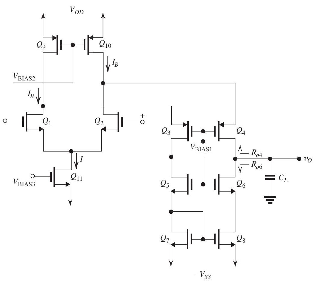 Figure 13.2.1 It is required to design the folded-cascode op amp shown in Fig. 13.2.1. Let V_{D D}=V_{S S}=1 \mathrm{~V} and V_{t n}=-V_{t p}=0.4 \mathrm{~V} , and assume that for all transistors, \left|V_{A}\right|=6 \mathrm{~V} . Design so that the power dissipated in the circuit (with no input signal applied) is 0.6 \mathrm{~mW} , and so that each of Q_{1} and Q_{2} is operating at a current four times that at which each of Q_{3} and Q_{4} is operating. Also, design so that all transistors operate at \left|V_{O V}\right|=0.2 \mathrm{~V} . (a) Show that the current drawn from each of the two power supplies is 2 I_{B} , and hence find I_{B} and I that result in the circuit operating at its specified power dissipation. (b) Find the dc current at which each of Q_{1} to Q_{11} is operating. Present your results in a table. (c) Find the input common-mode range. (d) Find the required values of V_{\mathrm{BIAS} 1}, V_{\mathrm{BIAS} 2} , and V_{\mathrm{BIAS} 3} that result in the maximum allowable value of v_{O} to be as high as possible. (e) Find the allowable range of v_{O} . (f) Find the overall transconductance G_{m} . (g) Find the output resistance R_{O} . (h) Find the low-frequency voltage gain. (i) If the amplifier at its output is modeled by a controlled current-source G_{m} V_{i d} (where V_{i d} is the differential input voltage) feeding the output resistance R_{O} and the total capacitance at the output node C_{L} , find the value of C_{L} that results in the amplifier having a unity-gain bandwidth of 100 \mathrm{MHz} . Assume that the dominant pole is that formed at the output.
