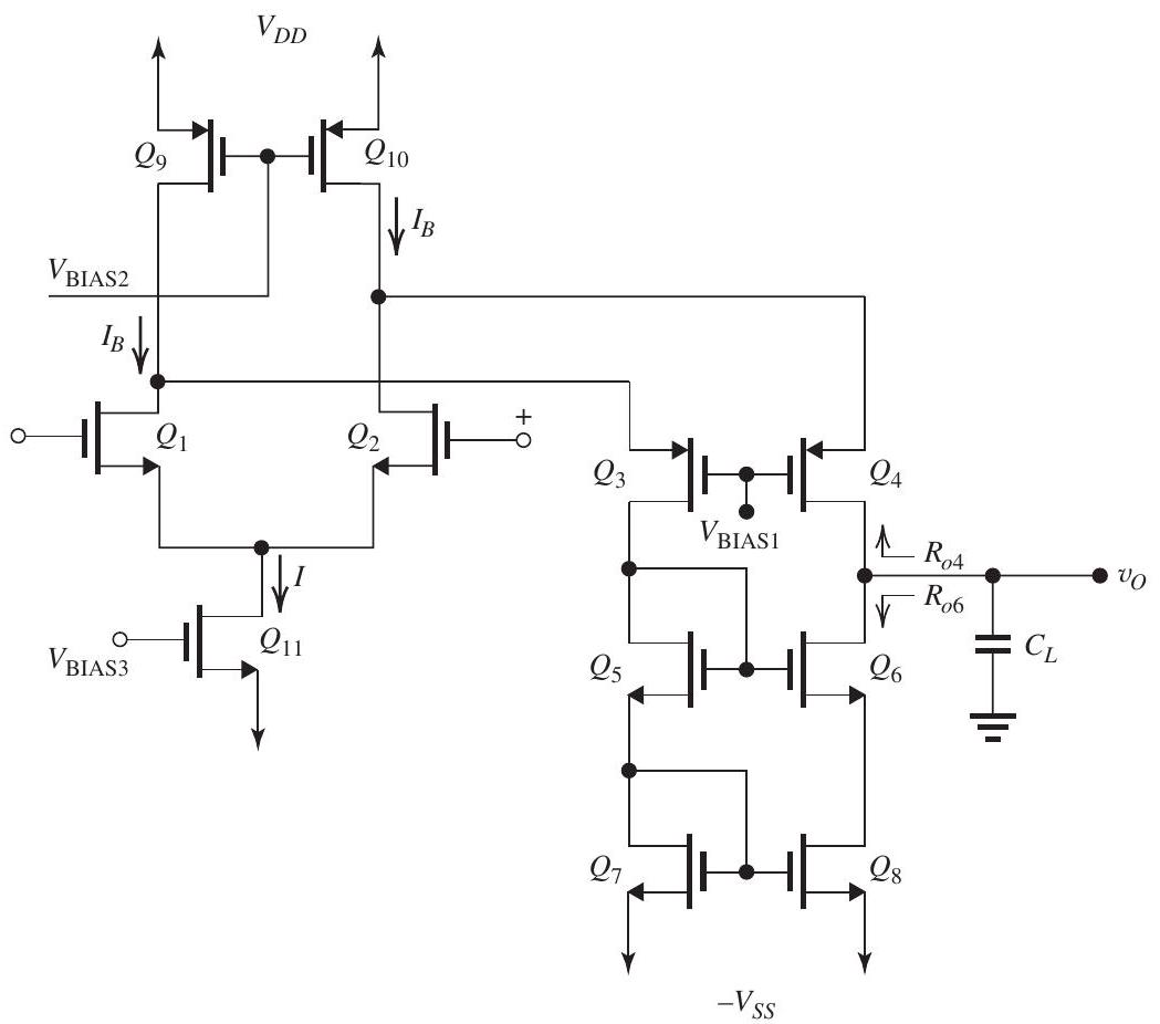     Figure 13.2.1 (a)  I_{D D}=I_{D 9}+I_{D 10}=2 I_{B}  Since each of  Q_{1}  and  Q_{2}  is conducting a current  I / 2 , we can see from node equations at  D_{1}  and  D_{2}  that  I_{D 3}=I_{D 4}=I_{B}-\frac{I}{2}  Now,  \begin{aligned} I_{S S} & =I_{D 11}+I_{D 7}+I_{D 8} \\ & =I+\left(I_{B}-\frac{I}{2}\right)+\left(I_{B}-\frac{I}{2}\right) \\ & =2 I_{B} \quad \text { Q.E.D } \\ P_{D} & =V_{D D} \times 2 I_{B}+V_{S S} \times 2 I_{B} \\ & =1 \times 2 I_{B}+1 \times 2 I_{B}=4 I_{B} \end{aligned}  For  P_{D}=0.6 \mathrm{~mW} ,  I_{B}=\frac{0.6}{4}=0.15 \mathrm{~mA}=150 \mu \mathrm{A}  For  I_{D 1,2}=4 I_{D 3,4} ,  \begin{aligned} \frac{I}{2} & =4\left(I_{B}-\frac{I}{2}\right) \\ \Rightarrow I & =\frac{4 I_{B}}{2.5}=\frac{600}{2.5}=240 \mu \mathrm{A} \end{aligned}  (b)    (c)  \begin{aligned} V_{I C M \max } & =V_{D 1 \max }+V_{t n} \\ & =V_{D D}-\left|V_{O V 9}\right|+V_{t n} \\ & =+1-0.2+0.4=+1.2 \mathrm{~V} \\ V_{I C M \min } & =-V_{S S}+V_{O V 11}+V_{G S 1} \\ & =-1+0.2+(0.4+0.2)=-0.2 \mathrm{~V} \end{aligned}  Thus,  -0.2 \mathrm{~V} \leq V_{I C M} \leq+1.2 \mathrm{~V}  (d) To make  v_{O \max }  as high as possible,  \begin{aligned} V_{\mathrm{BIAS} 1} & =V_{D D}-\left|V_{O V 9,10}\right|-V_{S G 3,4} \\ & =+1-0.2-(0.4+0.2)=+0.2 \mathrm{~V} \\ V_{\mathrm{BIAS} 2} & =V_{D D}-V_{S G 9,10} \\ & =+1-(0.4+0.2)=+0.4 \mathrm{~V} \\ V_{\mathrm{BIAS} 3} & =-V_{S S}+V_{G S 11} \\ & =-1+(0.4+0.2)=-0.4 \mathrm{~V} \end{aligned}  (e)  \begin{aligned} v_{O \max } & =V_{\mathrm{BIAS} 1}+\left|V_{t p}\right| \\ & =0.2+0.4=+0.6 \mathrm{~V} \\ v_{O \min } & =-V_{S S}+V_{G S 7}+V_{G S 5}-V_{t n} \\ & =-1+(0.4+0.2)+(0.4+0.2)-0.4 \\ & =-0.2 \mathrm{~V} \end{aligned}  Thus,  -0.2 \mathrm{~V} \leq v_{O} \leq+0.6 \mathrm{~V}  (f)  \begin{aligned} G_{m} & =g_{m 1,2}=\frac{2 I_{D 1,2}}{V_{O V}} \\ & =\frac{2 \times 0.12}{0.2}=1.2 \mathrm{~mA} / \mathrm{V} \end{aligned}  (g)  \begin{aligned} R_{O} & =R_{O 4} \| R_{o 6} \\ R_{o 4} & =\left(g_{m 4} r_{o 4}\right)\left[r_{o 10} \| r_{o 2}\right] \\ r_{o 10} & =\frac{\left|V_{A}\right|}{I_{B}}=\frac{6}{0.15}=40 \mathrm{k} \Omega \\ r_{o 2} & =\frac{V_{A}}{I_{D 2}}=\frac{6}{0.12}=50 \mathrm{k} \Omega \\ g_{m 4} & =\frac{2 I_{D 4}}{\left|V_{O V}\right|}=\frac{2 \times 0.03}{0.2}=0.3 \mathrm{~mA} / \mathrm{V} \\ r_{o 4} & =\frac{\left|V_{A}\right|}{I_{D 4}}=\frac{6}{0.03}=200 \mathrm{k} \Omega \\ g_{m 4} r_{o 4} & =0.3 \times 200=60 \\ R_{o 4} & =60(40 \| 50) \\ & =1.33 \mathrm{M} \Omega \\ R_{o 6} & =\left(g_{m 6} r_{o 6}\right) r_{o 8} \\ g_{m 6} & =\frac{2 I_{D 6}}{V_{O V}}=\frac{2 \times 0.03}{0.2}=0.3 \mathrm{~mA} / \mathrm{V} \\ r_{o 6} & =\frac{V_{A}}{I_{D 6}}=\frac{6}{0.03}=200 \mathrm{k} \Omega \end{aligned}   \begin{aligned} r_{o 8} & =\frac{V_{A}}{I_{D 8}}=\frac{6}{0.03}=200 \mathrm{k} \Omega \\ R_{o 6} & =(0.3 \times 200) \times 200=12 \mathrm{M} \Omega \\ R_{O} & =R_{o 4}\left\|R_{o 6}=1.33\right\| 12 \\ & =1.2 \mathrm{M} \Omega \end{aligned}  (h)  \begin{aligned} A_{v} & =G_{m} R_{O}=1.2 \times 1.2 \times 10^{3}=1.44 \times 10^{3} \\ & =1440 \mathrm{~V} / \mathrm{V} \end{aligned}  (i)   Figure 13.2.2 Figure 13.2.2 shows the output equivalent circuit of the amplifier. At high frequencies,  \begin{aligned} & V_{o}=\frac{G_{m} V_{i d}}{s C_{L}} \\ \left|\frac{V_{o}}{V_{i d}}\right|=1 \text { at } & \\ & \omega=\omega_{t}=\frac{G_{m}}{C_{L}} \end{aligned}  Thus,  \begin{aligned} C_{L} & =\frac{G_{m}}{\omega_{t}} \\ & =\frac{1.2 \times 10^{-3}}{2 \pi \times 100 \times 10^{6}}=1.9 \mathrm{pF} \end{aligned}