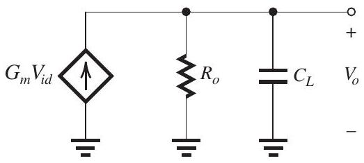     Figure 13.2.1 (a)  I_{D D}=I_{D 9}+I_{D 10}=2 I_{B}  Since each of  Q_{1}  and  Q_{2}  is conducting a current  I / 2 , we can see from node equations at  D_{1}  and  D_{2}  that  I_{D 3}=I_{D 4}=I_{B}-\frac{I}{2}  Now,  \begin{aligned} I_{S S} & =I_{D 11}+I_{D 7}+I_{D 8} \\ & =I+\left(I_{B}-\frac{I}{2}\right)+\left(I_{B}-\frac{I}{2}\right) \\ & =2 I_{B} \quad \text { Q.E.D } \\ P_{D} & =V_{D D} \times 2 I_{B}+V_{S S} \times 2 I_{B} \\ & =1 \times 2 I_{B}+1 \times 2 I_{B}=4 I_{B} \end{aligned}  For  P_{D}=0.6 \mathrm{~mW} ,  I_{B}=\frac{0.6}{4}=0.15 \mathrm{~mA}=150 \mu \mathrm{A}  For  I_{D 1,2}=4 I_{D 3,4} ,  \begin{aligned} \frac{I}{2} & =4\left(I_{B}-\frac{I}{2}\right) \\ \Rightarrow I & =\frac{4 I_{B}}{2.5}=\frac{600}{2.5}=240 \mu \mathrm{A} \end{aligned}  (b)    (c)  \begin{aligned} V_{I C M \max } & =V_{D 1 \max }+V_{t n} \\ & =V_{D D}-\left|V_{O V 9}\right|+V_{t n} \\ & =+1-0.2+0.4=+1.2 \mathrm{~V} \\ V_{I C M \min } & =-V_{S S}+V_{O V 11}+V_{G S 1} \\ & =-1+0.2+(0.4+0.2)=-0.2 \mathrm{~V} \end{aligned}  Thus,  -0.2 \mathrm{~V} \leq V_{I C M} \leq+1.2 \mathrm{~V}  (d) To make  v_{O \max }  as high as possible,  \begin{aligned} V_{\mathrm{BIAS} 1} & =V_{D D}-\left|V_{O V 9,10}\right|-V_{S G 3,4} \\ & =+1-0.2-(0.4+0.2)=+0.2 \mathrm{~V} \\ V_{\mathrm{BIAS} 2} & =V_{D D}-V_{S G 9,10} \\ & =+1-(0.4+0.2)=+0.4 \mathrm{~V} \\ V_{\mathrm{BIAS} 3} & =-V_{S S}+V_{G S 11} \\ & =-1+(0.4+0.2)=-0.4 \mathrm{~V} \end{aligned}  (e)  \begin{aligned} v_{O \max } & =V_{\mathrm{BIAS} 1}+\left|V_{t p}\right| \\ & =0.2+0.4=+0.6 \mathrm{~V} \\ v_{O \min } & =-V_{S S}+V_{G S 7}+V_{G S 5}-V_{t n} \\ & =-1+(0.4+0.2)+(0.4+0.2)-0.4 \\ & =-0.2 \mathrm{~V} \end{aligned}  Thus,  -0.2 \mathrm{~V} \leq v_{O} \leq+0.6 \mathrm{~V}  (f)  \begin{aligned} G_{m} & =g_{m 1,2}=\frac{2 I_{D 1,2}}{V_{O V}} \\ & =\frac{2 \times 0.12}{0.2}=1.2 \mathrm{~mA} / \mathrm{V} \end{aligned}  (g)  \begin{aligned} R_{O} & =R_{O 4} \| R_{o 6} \\ R_{o 4} & =\left(g_{m 4} r_{o 4}\right)\left[r_{o 10} \| r_{o 2}\right] \\ r_{o 10} & =\frac{\left|V_{A}\right|}{I_{B}}=\frac{6}{0.15}=40 \mathrm{k} \Omega \\ r_{o 2} & =\frac{V_{A}}{I_{D 2}}=\frac{6}{0.12}=50 \mathrm{k} \Omega \\ g_{m 4} & =\frac{2 I_{D 4}}{\left|V_{O V}\right|}=\frac{2 \times 0.03}{0.2}=0.3 \mathrm{~mA} / \mathrm{V} \\ r_{o 4} & =\frac{\left|V_{A}\right|}{I_{D 4}}=\frac{6}{0.03}=200 \mathrm{k} \Omega \\ g_{m 4} r_{o 4} & =0.3 \times 200=60 \\ R_{o 4} & =60(40 \| 50) \\ & =1.33 \mathrm{M} \Omega \\ R_{o 6} & =\left(g_{m 6} r_{o 6}\right) r_{o 8} \\ g_{m 6} & =\frac{2 I_{D 6}}{V_{O V}}=\frac{2 \times 0.03}{0.2}=0.3 \mathrm{~mA} / \mathrm{V} \\ r_{o 6} & =\frac{V_{A}}{I_{D 6}}=\frac{6}{0.03}=200 \mathrm{k} \Omega \end{aligned}   \begin{aligned} r_{o 8} & =\frac{V_{A}}{I_{D 8}}=\frac{6}{0.03}=200 \mathrm{k} \Omega \\ R_{o 6} & =(0.3 \times 200) \times 200=12 \mathrm{M} \Omega \\ R_{O} & =R_{o 4}\left\|R_{o 6}=1.33\right\| 12 \\ & =1.2 \mathrm{M} \Omega \end{aligned}  (h)  \begin{aligned} A_{v} & =G_{m} R_{O}=1.2 \times 1.2 \times 10^{3}=1.44 \times 10^{3} \\ & =1440 \mathrm{~V} / \mathrm{V} \end{aligned}  (i)   Figure 13.2.2 Figure 13.2.2 shows the output equivalent circuit of the amplifier. At high frequencies,  \begin{aligned} & V_{o}=\frac{G_{m} V_{i d}}{s C_{L}} \\ \left|\frac{V_{o}}{V_{i d}}\right|=1 \text { at } & \\ & \omega=\omega_{t}=\frac{G_{m}}{C_{L}} \end{aligned}  Thus,  \begin{aligned} C_{L} & =\frac{G_{m}}{\omega_{t}} \\ & =\frac{1.2 \times 10^{-3}}{2 \pi \times 100 \times 10^{6}}=1.9 \mathrm{pF} \end{aligned}