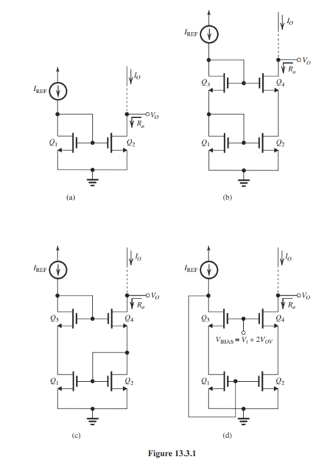 In the current-mirror circuits in Fig. 13.3.1, all transistors are operating at the same current and have the same V_{O V} and the same V_{A} . Identify each current-mirror (i.e., give its name) and give its output resistance R_{O} in terms of I_{\mathrm{REF}}, V_{O V} , and V_{A} . Also, give the minimum voltage V_{O} each mirror requires to operate properly. Give V_{O} in terms of V_{t} and V_{O V} .