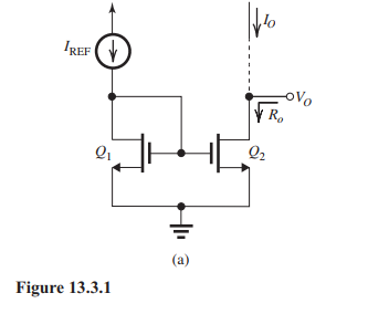 (a) Simple or basic current mirror. \begin{aligned} R_{O} & =r_{O 2}=\frac{V_{A}}{I_{O}}=\frac{V_{A}}{I_{\mathrm{REF}}} \\ V_{O \min } & =V_{O V} \end{aligned} (b) Cascode current mirror. R_{o}=\left(g_{m 4} r_{o 4}\right) r_{o 2} where \begin{aligned} g_{m 4} & =\frac{2 I_{D}}{V_{O V}}=\frac{2 I_{\mathrm{REF}}}{V_{O V}} \\ r_{o 2} & =r_{o 4}=\frac{V_{A}}{I_{D}}=\frac{V_{A}}{I_{\mathrm{REF}}} \end{aligned} Thus, \begin{aligned} R_{o} & =\left(\frac{2 V_{A}}{V_{O V}}\right)\left(\frac{V_{A}}{I_{\mathrm{REF}}}\right) \\ V_{O \min } & =2 V_{G S}-V_{t}=V_{t}+2 V_{O V} \end{aligned} (c) Modified Wilson current mirror. R_{O} is the same as that of the cascode mirror, R_{O}=\left(\frac{2 V_{A}}{V_{O V}}\right)\left(\frac{V_{A}}{I_{\mathrm{REF}}}\right) Also, V_{O \min } is the same as that of the cascode mirror, V_{O \text { min }}=V_{t}+2 V_{O V} (d) Wide-swing current mirror. R_{O} is the same as that of the cascode, R_{O}=\left(\frac{2 V_{A}}{V_{O V}}\right)\left(\frac{V_{A}}{I_{\mathrm{REF}}}\right) However, here V_{O \min } is \begin{aligned} V_{O \min } & =V_{G 4}-V_{t} \\ & =V_{t}+2 V_{O V}-V_{t}=2 V_{O V} \end{aligned}