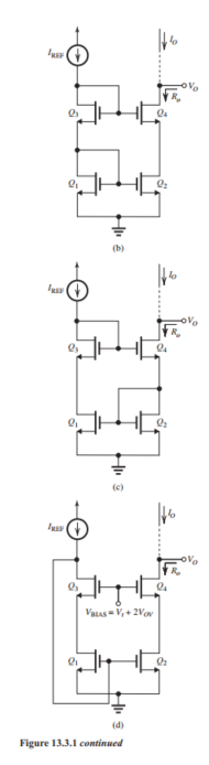 (a) Simple or basic current mirror. \begin{aligned} R_{O} & =r_{O 2}=\frac{V_{A}}{I_{O}}=\frac{V_{A}}{I_{\mathrm{REF}}} \\ V_{O \min } & =V_{O V} \end{aligned} (b) Cascode current mirror. R_{o}=\left(g_{m 4} r_{o 4}\right) r_{o 2} where \begin{aligned} g_{m 4} & =\frac{2 I_{D}}{V_{O V}}=\frac{2 I_{\mathrm{REF}}}{V_{O V}} \\ r_{o 2} & =r_{o 4}=\frac{V_{A}}{I_{D}}=\frac{V_{A}}{I_{\mathrm{REF}}} \end{aligned} Thus, \begin{aligned} R_{o} & =\left(\frac{2 V_{A}}{V_{O V}}\right)\left(\frac{V_{A}}{I_{\mathrm{REF}}}\right) \\ V_{O \min } & =2 V_{G S}-V_{t}=V_{t}+2 V_{O V} \end{aligned} (c) Modified Wilson current mirror. R_{O} is the same as that of the cascode mirror, R_{O}=\left(\frac{2 V_{A}}{V_{O V}}\right)\left(\frac{V_{A}}{I_{\mathrm{REF}}}\right) Also, V_{O \min } is the same as that of the cascode mirror, V_{O \text { min }}=V_{t}+2 V_{O V} (d) Wide-swing current mirror. R_{O} is the same as that of the cascode, R_{O}=\left(\frac{2 V_{A}}{V_{O V}}\right)\left(\frac{V_{A}}{I_{\mathrm{REF}}}\right) However, here V_{O \min } is \begin{aligned} V_{O \min } & =V_{G 4}-V_{t} \\ & =V_{t}+2 V_{O V}-V_{t}=2 V_{O V} \end{aligned}
