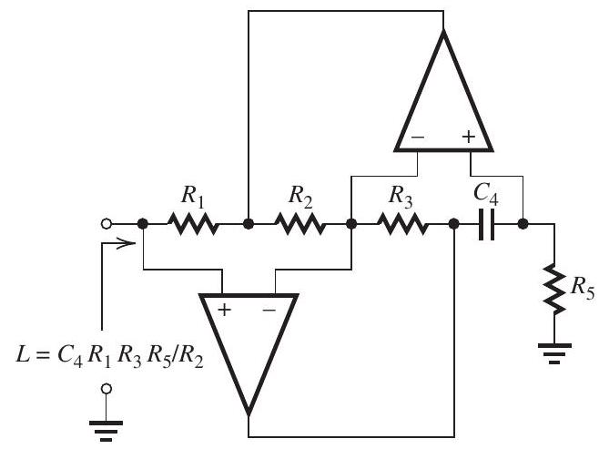 Figure 14.1.1 It is required to design a fifth-order Butterworth low-pass filter with a de gain of unity, a passband edge of 10^{4} \mathrm{rad} / \mathrm{s} , and a maximum deviation in the passband transmission of 3 \mathrm{~dB} (i.e., \epsilon=1 ). (a) Find the transfer function T(s) and give \omega_{0} and Q of each of the two pairs of complex-conjugate poles. Also, specify the frequency of the real pole. (b) Provide a complete circuit realization of the filter as a cascade of two second-order sections and a first-order section. For the second-order sections, use realizations based on the inductancesimulation circuit of Fig. 14.1.1. For the first-order section, use an op amp-RC circuit. Design so that all capacitors are equal to 10 \mathrm{nF} and as many of the resistors as possible are equal. Give the complete circuit and specify the values of all resistors. (c) What is the attenuation achieved at the stopband edge, 2 \times 10^{4} \mathrm{rad} / \mathrm{s} ?