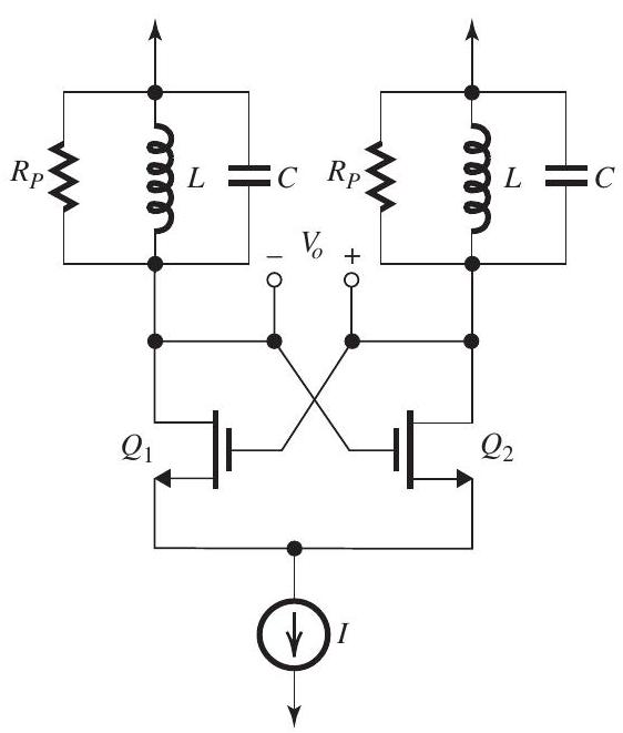 In the cross-coupled oscillator circuit shown in Fig. 15.1.1, R_{p} represents the loss of each inductor. Each transistor is operating at a transconductance g_{m} and has an output resistance r_{o} . Find the oscillation frequency \omega_{0} and explain why the circuit oscillates at this frequency. Also, derive an expression for the minimum value of g_{m} needed to obtain sustained oscillations. Figure 15.1.1