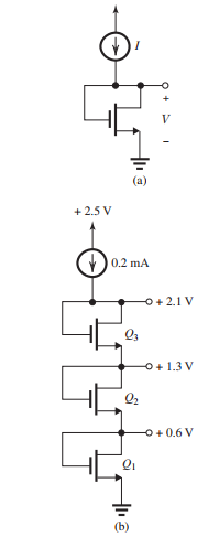      Figure 5.1.1 (a) For the circuit shown in Fig. 5.1.1(a), show (neglecting  \lambda  ) that  V=V_{t}+\sqrt{\frac{2 I}{k_{n}^{\prime}(W / L)}}  (b) The MOSFETs in the circuit of Fig. 5.1.1(b) [6 points] have  V_{t}=0.4 \mathrm{~V}, k_{n}^{\prime}=0.4 \mathrm{~mA} / \mathrm{V}^{2} , and  \lambda=0 . Find  (W / L)_{1},(W / L)_{2} , and  (W / L)_{3}  to obtain the reference voltages shown. 