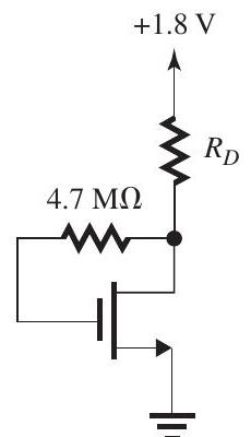 (a) (b) Figure 5.2.1 The MOSFETs in the circuits of Fig. 5.2.1 have V_{t}=0.4 \mathrm{~V}, k_{n}^{\prime}=0.4 \mathrm{~mA} / \mathrm{V}^{2}, \lambda=0 , and L= 0.4 \mu \mathrm{m} . (a) For the circuit in Fig. 5.2.1(a), find the values of W and R_{D} to operate the MOSFET at I_{D}= 0.2 \mathrm{~mA} and V_{D}=0.6 \mathrm{~V} . (b) For the circuit in Fig. 5.2.1(b), find W_{1}, W_{2} , and W_{3} to obtain V_{1}=0.5 \mathrm{~V} and V_{2}=1.1 \mathrm{~V} .