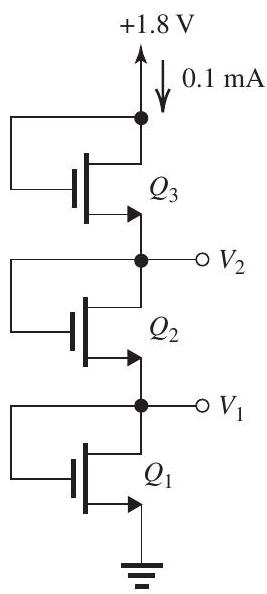 (a) (b) Figure 5.2.1 The MOSFETs in the circuits of Fig. 5.2.1 have V_{t}=0.4 \mathrm{~V}, k_{n}^{\prime}=0.4 \mathrm{~mA} / \mathrm{V}^{2}, \lambda=0 , and L= 0.4 \mu \mathrm{m} . (a) For the circuit in Fig. 5.2.1(a), find the values of W and R_{D} to operate the MOSFET at I_{D}= 0.2 \mathrm{~mA} and V_{D}=0.6 \mathrm{~V} . (b) For the circuit in Fig. 5.2.1(b), find W_{1}, W_{2} , and W_{3} to obtain V_{1}=0.5 \mathrm{~V} and V_{2}=1.1 \mathrm{~V} .