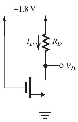 Figure 5.3.1 The MOSFET in Fig. 5.3.1 has V_{t}=0.5 \mathrm{~V}, k_{n}^{\prime}= 0.4 \mathrm{~mA} / \mathrm{V}^{2}, V_{A}=10 \mathrm{~V} , and W / L=10 . Find the value of R_{D} that results in i. V_{D}=0.1 \mathrm{~V} ii. V_{D}=1.5 \mathrm{~V} In each case, find I_{D} and the incremental drain-tosource resistance of the MOSFET.