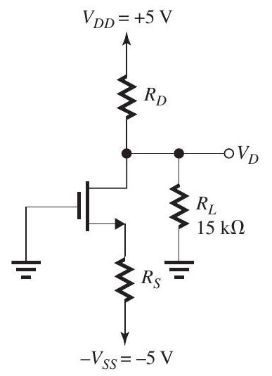 Figure 5.4.1 The MOSFET in the circuit of Fig. 5.4.1 has V_{t}= 1 \mathrm{~V} and k_{n}=2 \mathrm{~mA} / \mathrm{V}^{2} , and the Early effect can be neglected. (a) Find the values of R_{S} and R_{D} that result in the MOSFET operating with an overdrive voltage of 0.5 \mathrm{~V} and a drain voltage of 1.5 \mathrm{~V} . What is the resulting I_{D} value? (b) If R_{L} is reduced from 15 \mathrm{k} \Omega to 10 \mathrm{k} \Omega , what does V_{D} become? (c) If R_{L} is disconnected, what does V_{D} become? (d) With R_{L} disconnected, what is the largest R_{D} that can be used while the MOSFET is remaining in saturation?