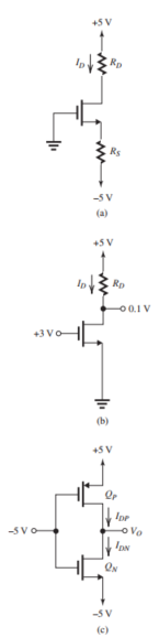 Figure 5.5.1 The MOSFETs in the circuits of Fig. 5.5.1 have k=1 \mathrm{~mA} / \mathrm{V}^{2},\left|V_{t}\right|=1 \mathrm{~V} , and \lambda=0 . (a) For the circuit in Fig. 5.5.1(a), find the values of R_{D} and R_{S} that result in the MOSFET operating at the edge of the saturation region with I_{D}=0.1 \mathrm{~mA} . (b) For the circuit in Fig. 5.5.1(b), find I_{D} and R_{D} . (c) For the circuit in Fig. 5.5.1(c), find I_{D N}, I_{D P} , and V_{O} . Also, find the drain-to-source incremental resistance of each of Q_{N} and Q_{P} .