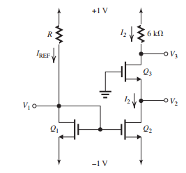 Figure 5.7.1 The MOSFETs in the circuit of Fig. 5.7.1 have \mu_{n} C_{o x}=400 \mu \mathrm{A} / \mathrm{V}^{2}, V_{t}=0.4 \mathrm{~V}, \lambda=0, L= 0.4 \mu \mathrm{m}, W_{1}=2 \mu \mathrm{m} , and W_{2}=W_{3}=10 \mu \mathrm{m} . Find R to obtain a reference current I_{\mathrm{REF}} of 40 \mu \mathrm{A} . Also, find the values of V_{1}, I_{2}, V_{2} , and V_{3} .