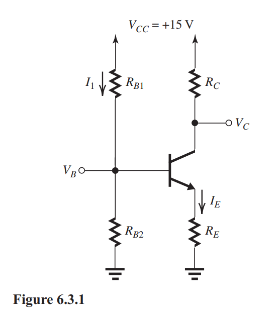      The transistor in the circuit of Fig. 6.3.1 has  \beta=  100. Find the values of the four resistors so that  V_{B}=+5 \mathrm{~V}, I_{1}=0.1 \mathrm{~mA}, I_{E}=1 \mathrm{~mA} , and  V_{C}=   +6 \mathrm{~V} . 