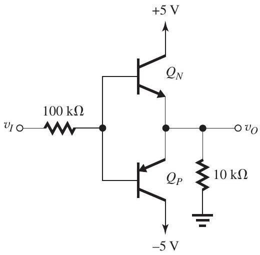      Figure 6.4.1 The BJTs in the circuit of Fig. 6.4.1 have  \beta=100  and  \left|V_{C E \text { sat }}\right|=0.3 \mathrm{~V} . Find  v_{O}  for each of the following cases: (a)  v_{I}=0 \mathrm{~V}  (b)  v_{I}=+5 \mathrm{~V}  (c)  v_{I}=-5 \mathrm{~V}  (d)  v_{I}=+10 \mathrm{~V}  (e)  v_{I}=-10 \mathrm{~V}