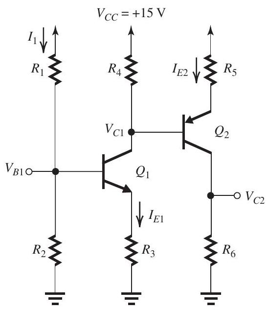      Figure 6.5.1 Design the circuit in Fig. 6.5.1 to obtain  I_{1}=   0.1 \mathrm{~mA}, V_{B 1}=+4 \mathrm{~V}, I_{E 1}=1 \mathrm{~mA}, V_{C 1}=+6 \mathrm{~V} ,  I_{E 2}=2 \mathrm{~mA} , and  V_{C 2}=+4 \mathrm{~V} . Let  \beta_{1}=\beta_{2}=100  and  \left|V_{B E}\right|=0.7 \mathrm{~V} . Specify the required values of all resistors. 