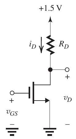 (a) Figure 7.1.1 \begin{aligned} I_{D} & =\frac{1}{2}\left(\mu_{n} C_{O x}\right)(W / L)\left(V_{G S}-V_{t}\right)^{2} \\ 0.1 & =\frac{1}{2} \times 0.4 \times 25\left(V_{G S}-0.4\right)^{2} \\ \Rightarrow V_{G S} & =0.541 \mathrm{~V} \end{aligned} (b) R_{D}=\frac{1.5-V_{D}}{I_{D}}=\frac{1.5-0.5}{0.1}=10 \mathrm{k} \Omega (c) g_{m}=\frac{2 I_{D}}{V_{O V}} where \begin{aligned} V_{O V} & =V_{G S}-V_{t}=0.541-0.4=0.141 \mathrm{~V} \\ g_{m} & =\frac{2 \times 0.1}{0.141}=1.42 \mathrm{~mA} / \mathrm{V} \\ r_{o} & =\frac{V_{A}}{I_{D}}=\frac{5}{0.1}=50 \mathrm{k} \Omega \end{aligned} (d) \begin{aligned} A_{v o} & =-g_{m}\left(R_{D} \| r_{o}\right) \\ & =-1.42(10 \| 50) \\ & =-11.8 \mathrm{~V} / \mathrm{V} \end{aligned} (e) At the edge of saturation, v_{G \max }-v_{D \min }=V_{t} Here, \begin{aligned} v_{G \max } & =V_{G S}+\hat{V}_{i}=0.541+\hat{V}_{i} \\ v_{D \min } & =V_{D}-\left|A_{v o}\right| \hat{V}_{i} \\ & =0.5-11.8 \hat{V}_{i} \end{aligned} Thus, \begin{gathered} 0.541 +\hat{V}_{i}-0.5+11.8 \hat{V}_{i}=0.4 \\ \Rightarrow \hat{V}_{i}=28 \mathrm{mV} \end{gathered}