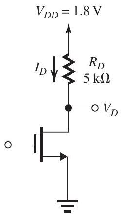 (a) \begin{aligned} k_{n}^{\prime} & =\mu_{n} C_{o x} \\ & =450 \frac{\mathrm{cm}^{2}}{\mathrm{~V} \cdot \mathrm{s}} \times 8.6 \times 10^{-15} \frac{\mathrm{F}}{\mu \mathrm{m}^{2}} \\ & =450 \times 10^{8} \frac{\mu \mathrm{m}^{2}}{\mathrm{~V} \cdot \mathrm{s}} \times 8.6 \times 10^{-15} \frac{\mathrm{F}}{\mu \mathrm{m}^{2}} \\ & =387 \times 10^{-6} \frac{\mathrm{F}}{\mathrm{V} \cdot \mathrm{s}} \\ & =387 \mu \mathrm{A} / \mathrm{V}^{2} \\ k_{p}^{\prime} & =k_{n}^{\prime} \times \frac{\mu_{p}}{\mu_{n}}=387 \times \frac{100}{450} \\ & =86 \mu \mathrm{A} / \mathrm{V}^{2} \end{aligned} (b) For an NMOS transistor operating in a triode region, \begin{aligned} r_{D S} & =\frac{1}{k_{n}^{\prime}(W / L)_{N} V_{O V}} \\ 250 & =\frac{1}{387 \times 10^{-6} \times(W / L)_{N} \times 0.3} \\ \Rightarrow(W / L)_{N} & =34.5 \end{aligned} For a matched PMOS transistor, \begin{aligned} (W / L)_{P} & =(W / L)_{N} \times \frac{k_{n}^{\prime}}{k_{p}^{\prime}} \\ & =34.5 \times \frac{387}{86}=155 \end{aligned} Thus, \begin{aligned} L & =2 L_{\min }=2 \times 0.18=0.36 \mu \mathrm{m} \\ W_{N} & =34.5 \times 0.36=12.4 \mu \mathrm{m} \\ W_{P} & =155 \times 0.36=55.8 \mu \mathrm{m} \end{aligned} (c) \begin{aligned} I_{D P} & =I_{D N}=\frac{1}{2} k_{n}^{\prime}(W / L)_{N}\left|V_{O V}\right|^{2} \\ & =\frac{1}{2} \times 387 \times 34.5 \times 0.2^{2} \\ & =267 \mu \mathrm{A} \end{aligned} For the NMOS transistor, V_{G}=V_{G S}=V_{t n}+V_{O V}=0.5+0.2=0.7 \mathrm{~V} For the PMOS transistor, Figure 7.3.1 From Fig. 7.3.1, we see that for the NMOS transistor to operate in saturation, V_{D} \geq V_{O V} that is, V_{D} \geq 0.2 \mathrm{~V} For the PMOS transistor to operate in saturation, V_{D} \leq-\left|V_{O V}\right| that is, V_{D} \leq-0.2 \mathrm{~V} (d) Since I_{D} is proportional to \left|V_{O V}\right|^{2} , the drain current can be reduced by a factor of 4 by reducing \left|V_{O V}\right| by a factor of 2 , that is, to 0.1 \mathrm{~V} . Alternatively, \left|V_{O V}\right| can be kept constant and W reduced by a factor of 4 , resulting in W_{N}=\frac{34.5}{4}=8.63 \mu \mathrm{m} and W_{P}=\frac{155}{4}=38.8 \mu \mathrm{m} (e) g_{m}=\frac{2 I_{D}}{\left|V_{O V}\right|}=\frac{2 \times 0.267}{0.2}=2.67 \mathrm{~mA} / \mathrm{V} (f) Figure 7.3.2 Refer to Fig. 7.3.2. \begin{aligned} V_{D} & =V_{D D}-I_{D} R_{D} \\ & =1.8-0.267 \times 5=0.465 \mathrm{~V} \\ A_{v} & =-g_{m} R_{D}=-2.67 \times 5=-13.35 \mathrm{~V} / \mathrm{V} \end{aligned} (\mathrm{g}) \begin{aligned} V_{A} & =V_{A}^{\prime} \times L \\ & =10 \times 0.36=3.6 \mathrm{~V} \\ r_{O} & =\frac{V_{A}}{I_{D}}=\frac{3.6}{0.267}=13.5 \mathrm{k} \Omega \\ A_{v} & =-g_{m}\left(R_{D} \| r_{O}\right) \\ & =-2.67(5 \| 13.5) \\ & =-9.74 \mathrm{~V} / \mathrm{V} \end{aligned}