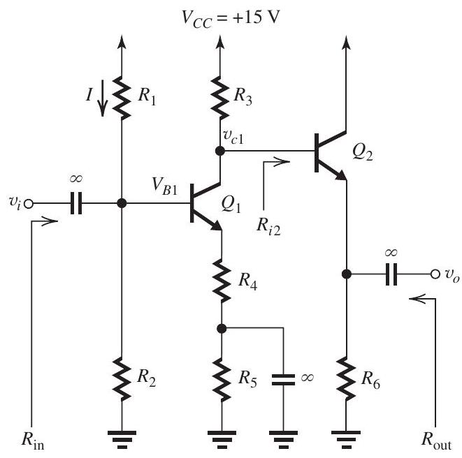 Figure 7.8.1 The transistors in the amplifier shown in Fig. 7.8.1 have \beta=100, V_{B E}=0.7 \mathrm{~V} , and negligible Early effect. (a) Design the circuit to obtain the following dc operating parameters: V_{B 1}=+3 \mathrm{~V}, I_{E 1}=1 \mathrm{~mA} , V_{E 2}=+4 \mathrm{~V} , and I_{E 2}=4 \mathrm{~mA} . Use I=0.1 \mathrm{~mA} . Find the values of R_{1}, R_{2}, R_{3},\left(R_{4}+R_{5}\right) , and R_{6} . (b) Find the value of R_{4} (and hence R_{5} ) that results in R_{\text {in }}=10 \mathrm{k} \Omega . (c) Find R_{i 2} . (d) Find the voltage gain v_{c 1} / v_{i} . (e) Find the voltage gain v_{O} / v_{c 1} . (f) Find the overall voltage gain v_{o} / v_{i} . (g) Find the output resistance R_{\text {out }} . (h) In order to minimize nonlinear distortion, it is required to keep the maximum signal across the base-emitter junction of each of Q_{1} and Q_{2} to 5 \mathrm{mV} . Under this constraint, what is the maximum peak-to-peak sine wave signal that can be obtained at the output?