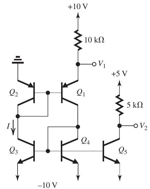 Figure 8.1.1 For the circuit shown in Fig. 8.1.1, assume Q_{1} and Q_{2} are perfectly matched, and Q_{3}, Q_{4} , and Q_{5} are perfectly matched. Also, assume all transistors have very high \beta and V_{A} . Find V_{1}, I , and V_{2} .