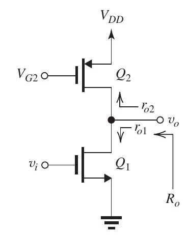 For each transistor, \begin{aligned} k_{n} & =k_{p}=5 \mathrm{~mA} / \mathrm{V}^{2} \\ V_{A n} & =-V_{A p}=5 \mathrm{~V} \\ I_{D} & =100 \mu \mathrm{A} \end{aligned} \begin{aligned} I_{D} & =\frac{1}{2} k\left|V_{O V}\right|^{2} \\ 0.1 & =\frac{1}{2} \times 5 \times\left|V_{O V}\right|^{2} \\ \Rightarrow\left|V_{O V}\right| & =0.2 \mathrm{~V} \\ g_{m} & =\frac{2 I_{D}}{\left|V_{O V}\right|}=\frac{2 \times 0.1}{0.2}=1 \mathrm{~mA} / \mathrm{V} \\ r_{O} & =\frac{\left|V_{A}\right|}{I_{D}}=\frac{5}{0.1}=50 \mathrm{k} \Omega \end{aligned} (a) Figure 8.2.1 See Figure 8.2.1. \begin{aligned} & R_{o}=r_{o n}\left\|r_{o p}=50\right\| 50=25 \mathrm{k} \Omega \\ & A_{V}=-g_{m} R_{O}=-1 \times 25=-25 \mathrm{~V} / \mathrm{V} \end{aligned} (b) Figure 8.2.2 \begin{aligned} R_{O 2} & \simeq\left(g_{m 2} r_{o 2}\right) r_{o 1} \\ & =(1 \times 50) \times 50=2500 \mathrm{k} \Omega \\ R_{O 3} & =r_{o 3}=50 \mathrm{k} \Omega \\ R_{O} & =R_{O 2}\left\|R_{O 3}=50\right\| 2500=49 \mathrm{k} \Omega \\ A_{v} & =-g_{m 1} R_{O}=-1 \times 49=-49 \mathrm{~V} / \mathrm{V} \end{aligned} (c) Figure 8.2.3 \begin{aligned} R_{o 2} \simeq\left(g_{m 2} r_{o 2}\right) r_{o 1} & =(1 \times 50) \times 50=2500 \mathrm{k} \Omega \\ R_{O 3} \simeq\left(g_{m 3} r_{o 3}\right) r_{o 4} & =(1 \times 50) \times 50=2500 \mathrm{k} \Omega \\ R_{O}=R_{O 2} \| R_{O 3} & =2500 \| 2500=1250 \mathrm{k} \Omega \\ A_{v}=-g_{m 1} R_{O} & =-1 \times 1250=-1250 \mathrm{~V} / \mathrm{V} \end{aligned}