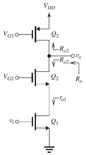 For each transistor, \begin{aligned} k_{n} & =k_{p}=5 \mathrm{~mA} / \mathrm{V}^{2} \\ V_{A n} & =-V_{A p}=5 \mathrm{~V} \\ I_{D} & =100 \mu \mathrm{A} \end{aligned} \begin{aligned} I_{D} & =\frac{1}{2} k\left|V_{O V}\right|^{2} \\ 0.1 & =\frac{1}{2} \times 5 \times\left|V_{O V}\right|^{2} \\ \Rightarrow\left|V_{O V}\right| & =0.2 \mathrm{~V} \\ g_{m} & =\frac{2 I_{D}}{\left|V_{O V}\right|}=\frac{2 \times 0.1}{0.2}=1 \mathrm{~mA} / \mathrm{V} \\ r_{O} & =\frac{\left|V_{A}\right|}{I_{D}}=\frac{5}{0.1}=50 \mathrm{k} \Omega \end{aligned} (a) Figure 8.2.1 See Figure 8.2.1. \begin{aligned} & R_{o}=r_{o n}\left\|r_{o p}=50\right\| 50=25 \mathrm{k} \Omega \\ & A_{V}=-g_{m} R_{O}=-1 \times 25=-25 \mathrm{~V} / \mathrm{V} \end{aligned} (b) Figure 8.2.2 \begin{aligned} R_{O 2} & \simeq\left(g_{m 2} r_{o 2}\right) r_{o 1} \\ & =(1 \times 50) \times 50=2500 \mathrm{k} \Omega \\ R_{O 3} & =r_{o 3}=50 \mathrm{k} \Omega \\ R_{O} & =R_{O 2}\left\|R_{O 3}=50\right\| 2500=49 \mathrm{k} \Omega \\ A_{v} & =-g_{m 1} R_{O}=-1 \times 49=-49 \mathrm{~V} / \mathrm{V} \end{aligned} (c) Figure 8.2.3 \begin{aligned} R_{o 2} \simeq\left(g_{m 2} r_{o 2}\right) r_{o 1} & =(1 \times 50) \times 50=2500 \mathrm{k} \Omega \\ R_{O 3} \simeq\left(g_{m 3} r_{o 3}\right) r_{o 4} & =(1 \times 50) \times 50=2500 \mathrm{k} \Omega \\ R_{O}=R_{O 2} \| R_{O 3} & =2500 \| 2500=1250 \mathrm{k} \Omega \\ A_{v}=-g_{m 1} R_{O} & =-1 \times 1250=-1250 \mathrm{~V} / \mathrm{V} \end{aligned}