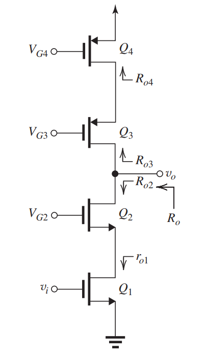 For each transistor, \begin{aligned} k_{n} & =k_{p}=5 \mathrm{~mA} / \mathrm{V}^{2} \\ V_{A n} & =-V_{A p}=5 \mathrm{~V} \\ I_{D} & =100 \mu \mathrm{A} \end{aligned} \begin{aligned} I_{D} & =\frac{1}{2} k\left|V_{O V}\right|^{2} \\ 0.1 & =\frac{1}{2} \times 5 \times\left|V_{O V}\right|^{2} \\ \Rightarrow\left|V_{O V}\right| & =0.2 \mathrm{~V} \\ g_{m} & =\frac{2 I_{D}}{\left|V_{O V}\right|}=\frac{2 \times 0.1}{0.2}=1 \mathrm{~mA} / \mathrm{V} \\ r_{O} & =\frac{\left|V_{A}\right|}{I_{D}}=\frac{5}{0.1}=50 \mathrm{k} \Omega \end{aligned} (a) Figure 8.2.1 See Figure 8.2.1. \begin{aligned} & R_{o}=r_{o n}\left\|r_{o p}=50\right\| 50=25 \mathrm{k} \Omega \\ & A_{V}=-g_{m} R_{O}=-1 \times 25=-25 \mathrm{~V} / \mathrm{V} \end{aligned} (b) Figure 8.2.2 \begin{aligned} R_{O 2} & \simeq\left(g_{m 2} r_{o 2}\right) r_{o 1} \\ & =(1 \times 50) \times 50=2500 \mathrm{k} \Omega \\ R_{O 3} & =r_{o 3}=50 \mathrm{k} \Omega \\ R_{O} & =R_{O 2}\left\|R_{O 3}=50\right\| 2500=49 \mathrm{k} \Omega \\ A_{v} & =-g_{m 1} R_{O}=-1 \times 49=-49 \mathrm{~V} / \mathrm{V} \end{aligned} (c) Figure 8.2.3 \begin{aligned} R_{o 2} \simeq\left(g_{m 2} r_{o 2}\right) r_{o 1} & =(1 \times 50) \times 50=2500 \mathrm{k} \Omega \\ R_{O 3} \simeq\left(g_{m 3} r_{o 3}\right) r_{o 4} & =(1 \times 50) \times 50=2500 \mathrm{k} \Omega \\ R_{O}=R_{O 2} \| R_{O 3} & =2500 \| 2500=1250 \mathrm{k} \Omega \\ A_{v}=-g_{m 1} R_{O} & =-1 \times 1250=-1250 \mathrm{~V} / \mathrm{V} \end{aligned}