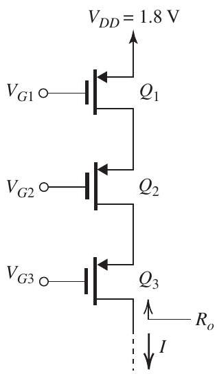 Figure 8.3.1 Design the double-cascode current source shown in Fig. 8.3.1 to provide I=0.2 \mathrm{~mA} and the largest possible signal swing at the output; that is, design for the minimum allowable voltage across each transistor. The CMOS fabrication process available has \left|V_{t p}\right|=0.4 \mathrm{~V},\left|V_{A}^{\prime}\right|=6 \mathrm{~V} / \mu \mathrm{m} , and \mu_{p} C_{o x}=100 \mu \mathrm{A} / \mathrm{V}^{2} . Use devices with L= 0.4 \mu \mathrm{m} , and operate at \left|V_{O V}\right|=0.2 \mathrm{~V} . (a) Specify V_{G 1}, V_{G 2} , and V_{G 3} . (b) Find the W / L ratios of the transistors. (c) What is the value of R_{O} achieved? (d) What is the maximum allowable voltage at the current-source output? (e) If this current source is used as the load of an NMOS double-cascode amplifier having a shortcircuit transconductance of 2 \mathrm{~mA} / \mathrm{V} and an output resistance equal to R_{O} of the current source, what voltage gain is obtained?
