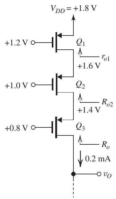 Figure 8.3.2 (a) Refer to Figure 8.3.2. For \left|V_{t p}\right|=0.4 \mathrm{~V} and \left|V_{O V}\right|=0.2 \mathrm{~V}, V_{S G}=0.6 \mathrm{~V} and the minimum required V_{S D} for each transistor is 0.2 \mathrm{~V} . Thus, V_{G 1}=+1.2 \mathrm{~V}, \quad V_{G 2}=+1.0 \mathrm{~V}, \quad and \quad V_{G S}=+0.8 \mathrm{~V} (b) \begin{aligned} I_{D} & =\frac{1}{2} \mu_{p} C_{O x}\left(\frac{W}{L}\right)\left|V_{O V}\right|^{2} \\ 0.2 & =\frac{1}{2} \times 0.1 \times \frac{W}{L} \times 0.2^{2} \\ \Rightarrow \frac{W}{L} & =100 \end{aligned} (c) \begin{aligned} r_{o 1} & =\frac{\left|V_{A}\right|}{I_{D}}=\frac{\left|V_{A}^{\prime}\right| L}{I_{D}}=\frac{6 \times 0.4}{0.2}=12 \mathrm{k} \Omega \\ r_{o 2} & =r_{o 3}=r_{o 1}=12 \mathrm{k} \Omega \\ g_{m 2} & =g_{m 3}=\frac{2 I_{D}}{\left|V_{O V}\right|}=\frac{2 \times 0.2}{0.2}=2 \mathrm{~mA} / \mathrm{V} \\ R_{o 2} & =\left(g_{m 2} r_{o 2}\right) r_{o 1}=(2 \times 12) \times 12=288 \mathrm{k} \Omega \\ R_{o 3} & =\left(g_{m 3} r_{o 3}\right) R_{o 2}=(2 \times 12) \times 288=6912 \mathrm{k} \Omega \end{aligned} (d) v_{O \max }=0.8+0.4=+1.2 \mathrm{~V} (e) \begin{aligned} A_{v} & =-G_{m}\left(R_{O} \| R_{O}\right) \\ & =-2(6912 \| 6912)=-6912 \mathrm{~V} / \mathrm{V} \end{aligned}
