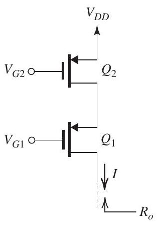 Figure 8.4.1 The cascode current source in Fig. 8.4.1 utilizes two identical PMOS transistors fabricated in a 0.18 - \mu \mathrm{m} CMOS process for which V_{D D}=1.8 \mathrm{~V} , V_{t p}=-0.5 \mathrm{~V}, V_{A}^{\prime}=-6 \mathrm{~V} / \mu \mathrm{m} , and \mu_{p} C_{o x}= 100 \mu \mathrm{A} / \mathrm{V}^{2} . Design the circuit to obtain I=50 \mu \mathrm{A} and R_{O}=1 \mathrm{M} \Omega and to allow for the maximum possible voltage swing at the output terminal of the current source. Utilize \left|V_{O V}\right|=0.2 \mathrm{~V} . Specify the values of L and W / L for Q_{1} and Q_{2} . As well, specify the required values of the dc bias voltages V_{G 1} and V_{G 2} . What is the maximum allowable voltage at the output?