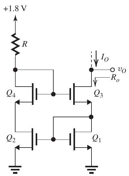 Figure 8.5.1 The modified Wilson current mirror of Fig. 8.5.1 utilizes four matched transistors for which V_{t}= 0.4 \mathrm{~V}, \mu_{n} C_{o x}=400 \mu \mathrm{A} / \mathrm{V}^{2} , and V_{A}=3 \mathrm{~V} . It is required to design the circuit so that I_{O}=0.2 \mathrm{~mA} with all transistors operating at V_{O V}=0.2 \mathrm{~V} . (a) Find the required value of R . (b) Find the required value of the W / L ratio for each of the four transistors. (c) Find the value of the output resistance R_{O} . (d) What is the minimum voltage permitted at the output?