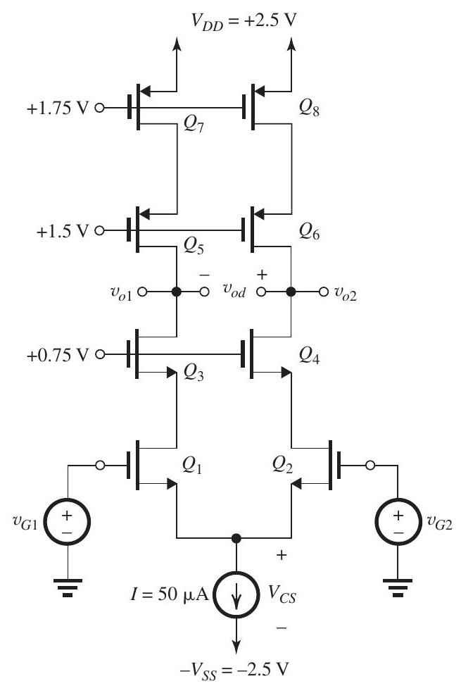 Figure 9.1.1 For the differential cascode amplifier in Fig. 9.1.1, all the transistors have the same threshold voltage \left|V_{t}\right|=0.5 \mathrm{~V} and are operating at the same overdrive voltage. For the purpose of calculating dc quantities, neglect the Early effect. The current source I requires a minimum dc voltage V_{C S}=0.25 \mathrm{~V} for its proper operation. (a) With v_{G 1}=v_{G 2}=0 \mathrm{~V} , find: i. The bias current in each of the eight transistors. ii. \left|V_{O V}\right| for each of the eight transistors. iii. g_{m} for each transistor. iv. r_{O} and A_{0} for each transistor assuming \left|V_{A}\right|= 5 \mathrm{~V} . v. The dc voltage at the drains of Q_{1} and Q_{2} . (b) Find the input common-mode range. (c) With v_{G 1}=v_{i d} / 2 and v_{G 2}=-v_{i d} / 2 , where v_{i d} \ll 2 V_{O V} , give the differential half-circuit and use it to determine the differential gain v_{o d} / v_{i d} .