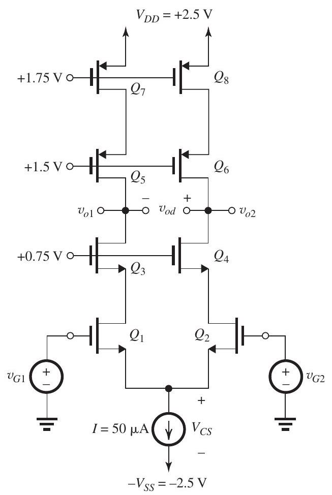Figure 9.1.1 (a) (i) I_{D}=\frac{I}{2}=25 \mu \mathrm{A} (ii) Since for Q_{7} and Q_{8} , V_{S G}=2.5-1.75=0.75 \mathrm{~V} and since all transistors have the same \left|V_{t}\right| and \left|V_{O V}\right| , then \left|V_{O V}\right|=0.75-0.5=0.25 \mathrm{~V} (iii) g_{m}=\frac{2 I_{D}}{\left|V_{O V}\right|}=\frac{2 \times 0.025}{0.25}=0.2 \mathrm{~mA} / \mathrm{V} (iv) \begin{aligned} r_{o} & =\frac{\left|V_{A}\right|}{I_{D}}=\frac{5}{0.025}=200 \mathrm{k} \Omega \\ A_{0} & =g_{m} r_{o}=0.2 \times 200=40 \end{aligned} (v) V_{D 1}=V_{D 2}=0.75-V_{G S 3,4}=0 \mathrm{~V} (b) \begin{aligned} v_{I C M \max } & =V_{D 1}+V_{t}=0+0.5=0.5 \mathrm{~V} \\ v_{I C M \min } & =-V_{S S}+V_{C S}+V_{G S 1,2} \\ & =-2.5+0.25+0.75=-1.5 \mathrm{~V} \end{aligned} Thus, (c) Figure 9.1.2 From the differential half-circuit in Fig. 9.1.2, we find \begin{aligned} \frac{v_{o d}}{v_{i d}} & =g_{m 1} R_{O} \\ & =g_{m} \times \frac{1}{2}\left(g_{m} r_{o}\right) r_{o} \\ & =\frac{1}{2}\left(g_{m} r_{o}\right)^{2} \\ & =\frac{1}{2} A_{0}^{2}=\frac{1}{2} \times 40^{2}=800 \mathrm{~V} / \mathrm{V} \end{aligned}