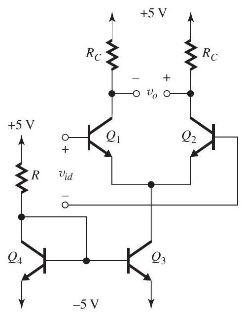 Figure 9.3.1 (a) To obtain a 0.25-\mathrm{mA} current in each of Q_{1} and Q_{2} , the current in Q_{3} must be 0.5 \mathrm{~mA} . For Q_{3} and Q_{4} having high \beta values, the current through R and Q_{4} must be 0.5 \mathrm{~mA} , thus R=\frac{10-0.7}{0.5}=18.6 \mathrm{k} \Omega (b) R_{C}=\frac{5-3}{0.25}=8 \mathrm{k} \Omega (c) \begin{aligned} v_{I C M \max } & =V_{C 1,2}+0.4 \\ & =3.4 \mathrm{~V} \\ v_{I C M \min } & =-5+0.3+0.7=-4 \mathrm{~V} \end{aligned} Thus, -4 \mathrm{~V} \leq v_{I C M} \leq+3.4 \mathrm{~V} (d) \frac{v_{o}}{v_{i d}}=g_{m 1,2} R_{C} where g_{m 1,2}=\frac{I_{C 1,2}}{V_{T}}=\frac{0.25 \mathrm{~mA}}{0.025 \mathrm{~V}}=10 \mathrm{~mA} / \mathrm{V} Thus, \frac{v_{o}}{v_{i d}}=10 \times 8=80 \mathrm{~V} / \mathrm{V} (e) \begin{aligned} R_{i d} & =2 r_{\pi}=2 \frac{\beta}{g_{m}} \\ & =\frac{2 \times 100}{10}=20 \mathrm{k} \Omega \end{aligned} (f) To raise R_{i d} by a factor of 5 , we include a resistance R_{E} in each of the emitters of Q_{1} and Q_{2} with R_{E} given by \begin{aligned} R_{E} & =4 r_{e} \\ & =4 \frac{V_{T}}{I_{E}} \\ & =4 \frac{25 \mathrm{mV}}{0.25 \mathrm{~mA}} \\ & =400 \Omega \end{aligned} This will reduce the differential gain by the same factor of 5 , thus \frac{v_{o}}{v_{i d}}=\frac{80}{5}=16 \mathrm{~V} / \mathrm{V} (g) \left|A_{c m}\right|=\left(\frac{R_{C}}{2 R_{E E}}\right)\left(\frac{\triangle R_{C}}{R_{C}}\right) where R_{E E}=\left.r_{o}\right|_{Q_{3}}=\frac{V_{A}}{I_{C 3}}=\frac{50}{0.5}=100 \mathrm{k} \Omega \frac{\triangle R_{C}}{R_{C}}=0.02 Thus, \begin{aligned} \left|A_{c m}\right| & =\frac{8}{2 \times 100} \times 0.02=8 \times 10^{-4} \mathrm{~V} / \mathrm{V} \\ \mathrm{CMRR} & =\frac{80}{8 \times 10^{-4}}=10^{5} \end{aligned} or 100 \mathrm{~dB} . (h) \begin{aligned} \left|V_{O}\right| & =0.25\left(R_{C}+0.01 R_{C}\right)-0.25\left(R_{C}-0.01 R_{C}\right) \\ & =0.25 \times 0.02 \times 8=0.04 \mathrm{~V} \\ & =40 \mathrm{mV} \\ V_{O S} & =\frac{40}{80}=0.5 \mathrm{mV} \end{aligned}