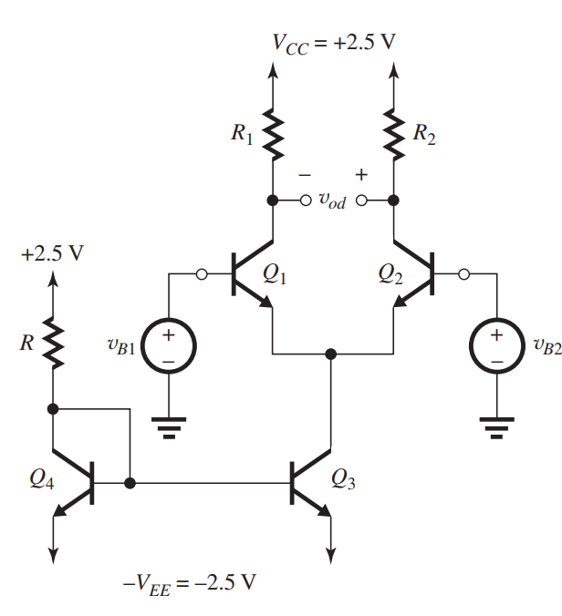 Figure 9.4.1 For the circuit shown in Fig. 9.4.1, neglect base currents in dc calculations and assume that for each transistor V_{B E}=0.7 \mathrm{~V} . Transistors Q_{1} and Q_{2} are perfectly matched. Transistor Q_{3} has twice the emitter-base junction area of Q_{4} . (a) For v_{B 1}=v_{B 2}=0 \mathrm{~V} , design the circuit to establish a dc bias current of 0.1 \mathrm{~mA} in the collector of each of Q_{1} and Q_{2} and a dc voltage of +1 \mathrm{~V} at the collector of each of Q_{1} and Q_{2} . Specify the values required for R, R_{1} , and R_{2} . (b) For v_{B 1}=v_{i d} / 2 and v_{B 2}=-v_{i d} / 2 , determine the differential small-signal voltage gain v_{o d} / v_{i d} . Ignore the Early effect. If \beta_{1}=\beta_{2}=100 , what is the differential input resistance of the differential amplifier Q_{1}-Q_{2} ? (c) If Q_{3} has an Early voltage of 100 \mathrm{~V} , find its output resistance and use this result to determine the common-mode gain of the differential amplifier v_{o d} / v_{i c m} , where v_{B 1}=v_{B 2}=v_{i c m} and assuming that each of R_{1} and R_{2} is accurate to within \pm 1 \% . What is the resulting CMRR in decibels?