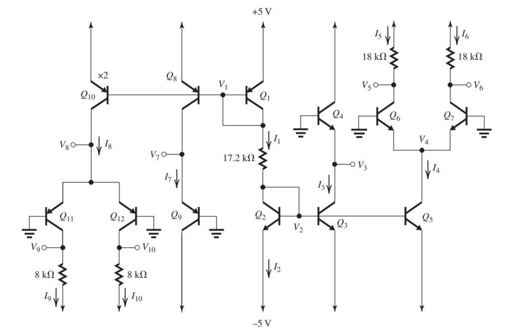 Figure 9.5.1 (a) For the circuit in Fig. 9.5.1 (refer to Figure above), assuming \left|V_{B E}\right|=0.7 \mathrm{~V}, \beta=\infty (i.e., ignoring base currents), and V_{A}=\infty (i.e., ignoring the Early effect), find the dc values of the labelled currents and voltages. (b) If the bases of Q_{6} and Q_{7} are disconnected from ground and a differential input signal v_{i d} is applied, find the differential gain if the output is taken between the two collectors. (c) Repeat (b) for the differential amplifier \left(Q_{11}, Q_{12}\right) .