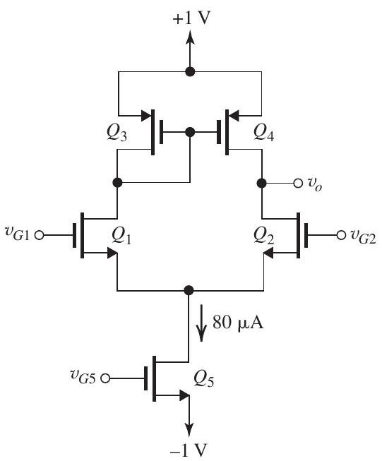 Figure 9.6.1 In the circuit of Fig. 9.6.1, all transistors are matched with k_{n}=k_{p}=2 \mathrm{~mA} / \mathrm{V}^{2},\left|V_{t}\right|=0.4 \mathrm{~V} , and \left|V_{A}\right|=10 \mathrm{~V} . (a) If v_{G 1}=v_{G 2}=0 \mathrm{~V} , find the dc bias current in each of the four transistors Q_{1}, Q_{2}, Q_{3} , and Q_{4} , as well as the overdrive voltage \left|V_{O V}\right| for each. Ignore the Early effect. Also, find the de voltage at the sources of Q_{1} and Q_{2} , as well as the de voltage at the gates of Q_{3} and Q_{4} . (b) Find g_{m} of each of Q_{1} and Q_{2} , and determine r_{o} of each of Q_{2} and Q_{4} . (c) If v_{G 1}=+v_{i d} / 2 and v_{G 2}=-v_{i d} / 2 , find the differential gain A_{d}=v_{o} / v_{i d} . (d) Find the output resistance R_{S S} of the biascurrent source Q_{5} and use it to determine the common mode gain A_{c m} in the case v_{G 1}=v_{G 2}= v_{i \mathrm{~cm}} . Also, find the CMRR in \mathrm{dB} . (e) If it is required to increase the CMRR by 6 \mathrm{~dB} , by what factor should the channel length of Q_{5} be changed?