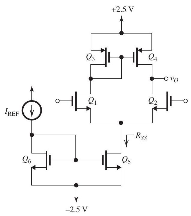 Figure 9.7.1 The current-mirror-loaded CMOS amplifier shown in Fig. 9.7.1 is fabricated in a 0.5-\mu \mathrm{m} technology for which V_{t n}=-V_{t p}=0.5 \mathrm{~V},\left|V_{A}\right|=20 \mathrm{~V} , and \mu_{n} C_{o x}=2 \mu_{p} C_{o x}=200 \mu \mathrm{A} / \mathrm{V}^{2} . Transistors Q_{1} and Q_{2} are matched, Q_{3} and Q_{4} are matched, and Q_{5} and Q_{6} are matched. The (W / L) ratios of all devices are selected so that all operate at the same \left|V_{O V}\right| . (a) Starting from \left|A_{d}\right|=g_{m 1}\left(r_{o 2} \| r_{o 4}\right) and \left|A_{c m}\right|=1 / 2 g_{m 3} R_{S S} show that \left|A_{d}\right|=\left|V_{A}\right| /\left|V_{O V}\right| and \mathrm{CMRR}=2\left(\left|V_{A}\right| /\left|V_{O V}\right|\right)^{2} (b) To obtain a differential gain of 40 \mathrm{~V} / \mathrm{V} , find the overdrive voltage \left|V_{O V}\right| at which the transistors should be operated. Also, find the resulting CMRR in \mathrm{dB} . (c) Using a reference current I_{\mathrm{REF}}=200 \mu \mathrm{A} , find the (W / L) required for each of the six transistors. (d) With both input terminals grounded, what dc voltage occurs at the output (neglecting the Early effect)? Hence, compute the systematic input offset voltage. (e) Find the input common-mode range. (f) If the input differential signal is riding on an input common-mode voltage of 0 \mathrm{~V} , what is the maximum allowable output voltage swing in both directions? Hence, find the peak-to-peak amplitude of the largest sine-wave signal that can be applied between the two input terminals (without dc offset compensation).