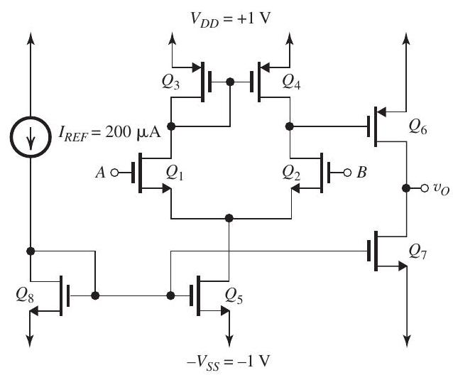 Figure 9.9.1 The two-stage CMOS op amp shown in Fig. 9.9.1 is fabricated in a 0.18-\mu \mathrm{m} technology having k_{n}^{\prime}= 4 k_{p}^{\prime}=400 \mu \mathrm{A} / \mathrm{V}^{2} , and V_{t n}=-V_{t p}=0.4 \mathrm{~V} . (a) With A and B grounded, perform a de design that will result in each of Q_{1}, Q_{2}, Q_{3} , and Q_{4} conducting a drain current of 100 \mu \mathrm{A} , and each of Q_{5}, Q_{6} , and Q_{7} conducting a drain current of 200 \mu \mathrm{A} . Design so that all transistors operate at a 0.2-\mathrm{V} overdrive voltage. Neglect the Early effect. Specify the W / L ratio required for each MOSFET. Present your results in a table. What is the dc voltage at the output (ideally)? (b) Find the input common-mode range. (c) Find the allowable range of the output voltage. (d) With v_{A}=v_{i d} / 2 and v_{B}=-v_{i d} / 2 , find the voltage gain v_{O} / v_{i d} . Assume that the Early voltage is \left|V_{A}\right|=5 \mathrm{~V} .