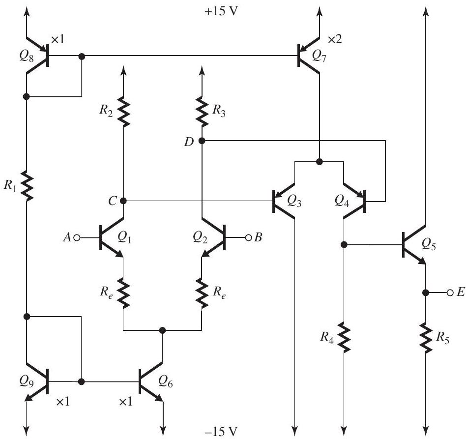 Refer to Figure 9.10.1 below. Figure 9.10.1 Note: Neglect the Early effect; that is, assume r_{O}=\infty . Assume \left|V_{B E}\right|=0.7 \mathrm{~V} . (a) For V_{A}=V_{B}=0 \mathrm{~V} and neglecting all base currents, design the circuit of Fig. 9.10.1 so that each of Q_{1} and Q_{2} operates at a dc bias current of 0.25 \mathrm{~mA}, V_{C}=V_{D}=+10 \mathrm{~V}, V_{E}=0 \mathrm{~V} , and Q_{5} operates at a dc bias current of 3 \mathrm{~mA} . Specify the dc bias current at which each of Q_{3} and Q_{4} will be operating and give the required value of R_{1}, R_{2} , R_{3}, R_{4} , and R_{5} . (b) If \beta=99 , what must the value of each of the two resistances labeled R_{e} be so as to obtain an input differential resistance of 40 \mathrm{k} \Omega ? (c) Find the differential voltage gain of the input stage, Q_{1}-Q_{2} . (d) Find the voltage gain of the second stage, Q_{3}-Q_{4} . (e) Find the voltage gain of the output stage, Q_{5} . (f) Find the overall voltage gain, v_{e} /\left(v_{b}-v_{a}\right) .