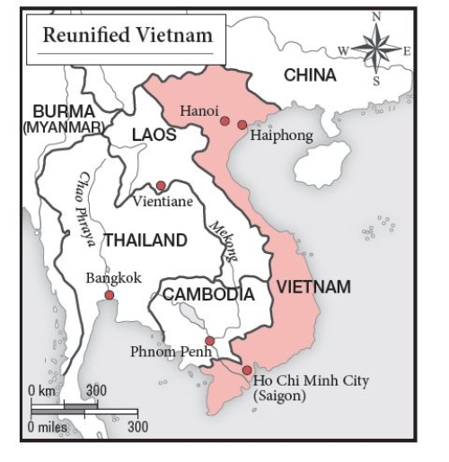   -Looking at Map 12.3 the biggest difference between imperial Vietnam and the reunified Vietnam was ________. A)  the narrow strip connecting North and South B)  the capital C)  the border with China D)  the role of Hanoi