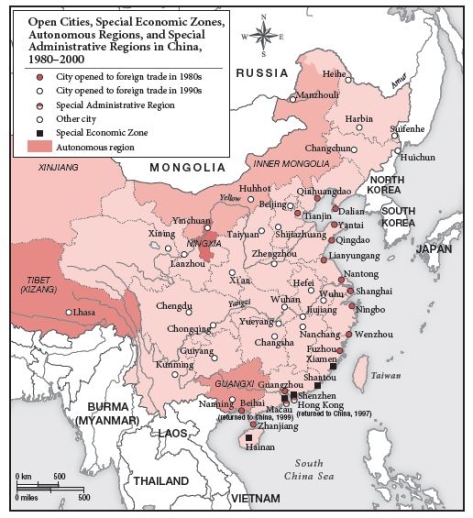   -Looking at Map 10.3, the cities opened to foreign trade in the 1980s were all ________. A)  in the Chinese heartland B)  also Special Economic Zones C)  port cities D)  capitals or former capitals