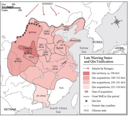   -Looking at Map 2.4, by the time of Shi Huangdi's accession in 221, the Qin ________. A)  controlled all of then China B)  were being pushed out by the Han C)  has successfully driven the Xiongnu back D)  were beginning to unify China