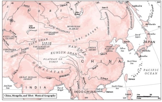   -Looking above at Map 1.1, which of these separates the heart of Mongolia from China? A)  the Gobi Desert B)  the Yellow River C)  the Himalayas D)  the Ordos Desert