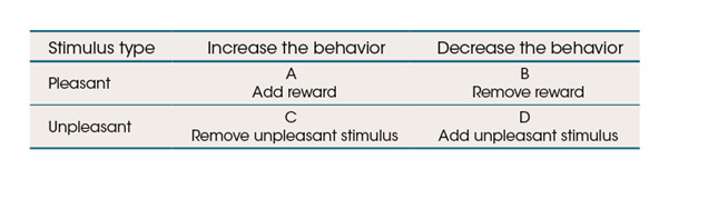 Use the following to answer questions:  Refer to the table below.    -In the table, cell A represents A)  positive punishment. B)  negative punishment. C)  positive reinforcement. D)  negative reinforcement.